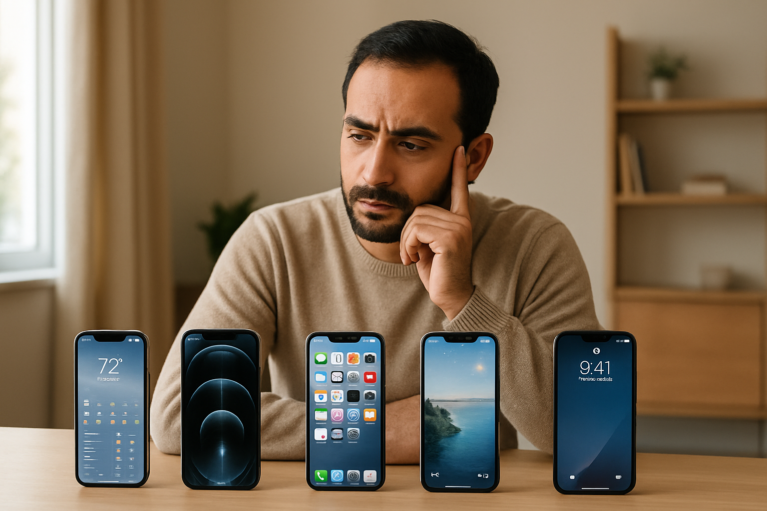 Create a realistic image of a middle eastern male sitting at a modern desk with multiple iPhone 17 models displayed in front of him, each phone showing different features on their screens, the person appears to be thoughtfully comparing the devices with a contemplative expression, soft natural lighting from a window illuminates the clean workspace, the background shows a contemporary office or home setting in warm neutral tones, the scene conveys decision-making and careful consideration of technology choices, absolutely NO text should be in the scene.
