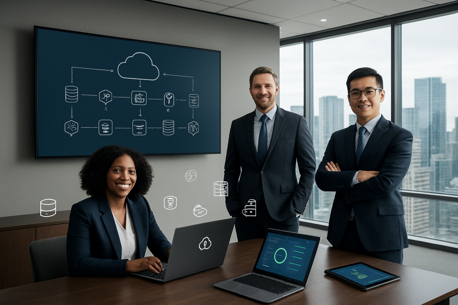 Create a realistic image of a modern enterprise office environment with a large wall-mounted monitor displaying AWS cloud architecture diagrams with interconnected service icons and data flow arrows, a sleek conference table in the foreground with laptops and tablets showing migration progress dashboards, a diverse team of three professionals - one white male, one black female, and one Asian male - standing around the table in business attire looking satisfied and confident, floor-to-ceiling windows in the background showing a city skyline, clean modern lighting with a professional and successful atmosphere, multiple AWS service icons floating subtly in the air above the table representing completed migration, absolutely NO text should be in the scene.