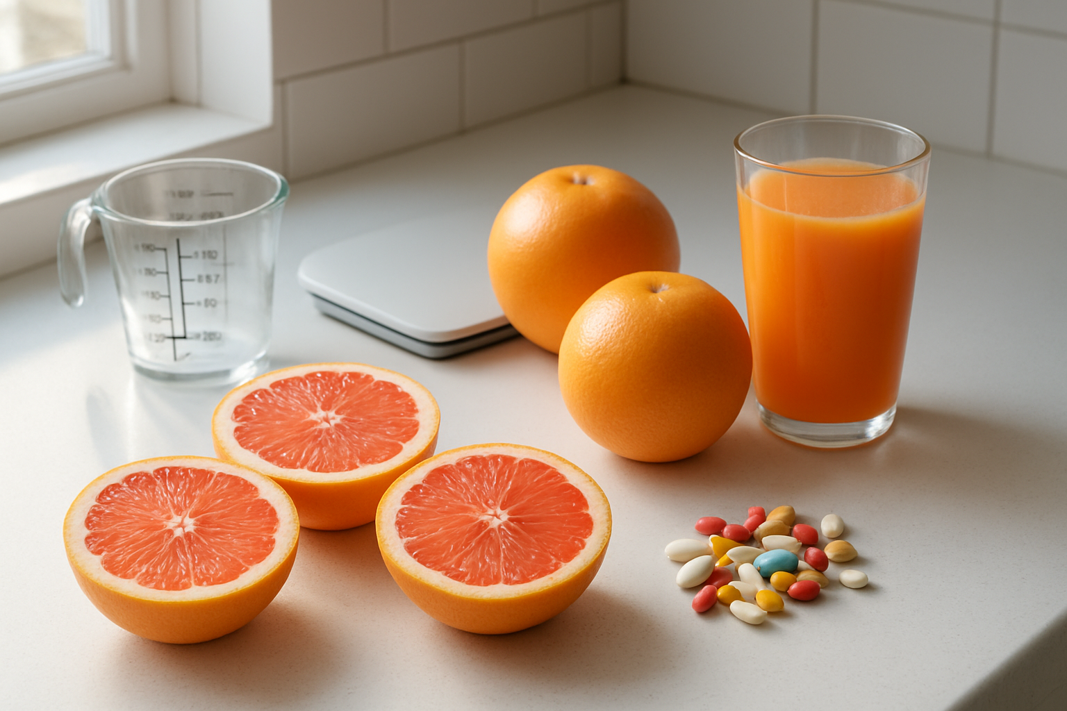 Create a realistic image of a clean white kitchen counter with fresh pink grapefruit halves, whole grapefruits, and a small pile of colorful prescription medication pills arranged separately, alongside a glass of fresh grapefruit juice, a digital kitchen scale, and a measuring cup, with soft natural lighting from a window creating a bright, health-conscious atmosphere, absolutely NO text should be in the scene.