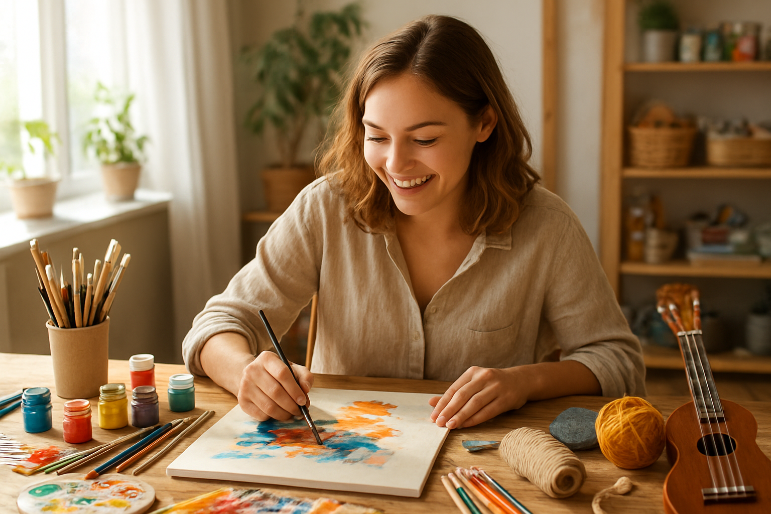 Create a realistic image of a young white woman in her 20s sitting at a wooden desk in a bright, sunlit room, surrounded by various creative tools and materials including paintbrushes, colorful paints, sketchbooks, yarn, musical instruments like a ukulele, and craft supplies, with her hands actively engaged in painting on a canvas, expressing joy and concentration on her face, with natural daylight streaming through a large window creating a warm and inspiring atmosphere, potted plants visible in the background, and art supplies neatly organized on shelves, absolutely NO text should be in the scene.