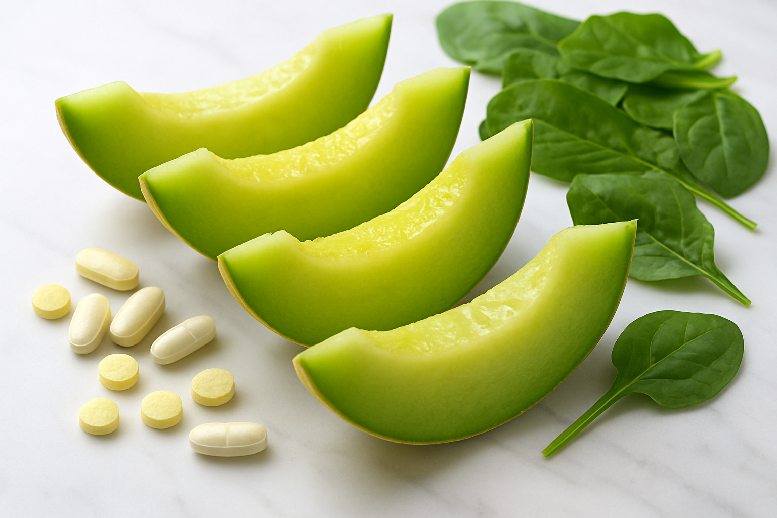 Create a realistic image of fresh honeydew melon slices arranged on a clean white marble surface with vibrant green flesh visible, surrounded by colorful nutritional elements including vitamin C tablets, calcium supplements, and fresh leafy greens like spinach, with soft natural lighting from above highlighting the melon's juicy texture and creating gentle shadows, depicting a health-focused composition that emphasizes wellness and nutrition. Absolutely NO text should be in the scene.