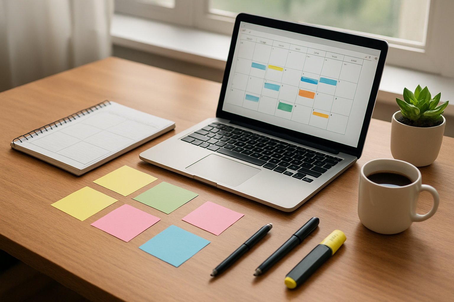 Create a realistic image of a modern office desk setup with an open laptop displaying a calendar application, a spiral-bound planner with quarterly sections visible, colorful sticky notes arranged systematically, a pen and highlighter, a coffee cup, and a small potted plant, all organized on a clean wooden desk surface with natural window lighting creating a productive and organized atmosphere, shot from a slightly elevated angle to show the complete workspace layout, absolutely NO text should be in the scene.