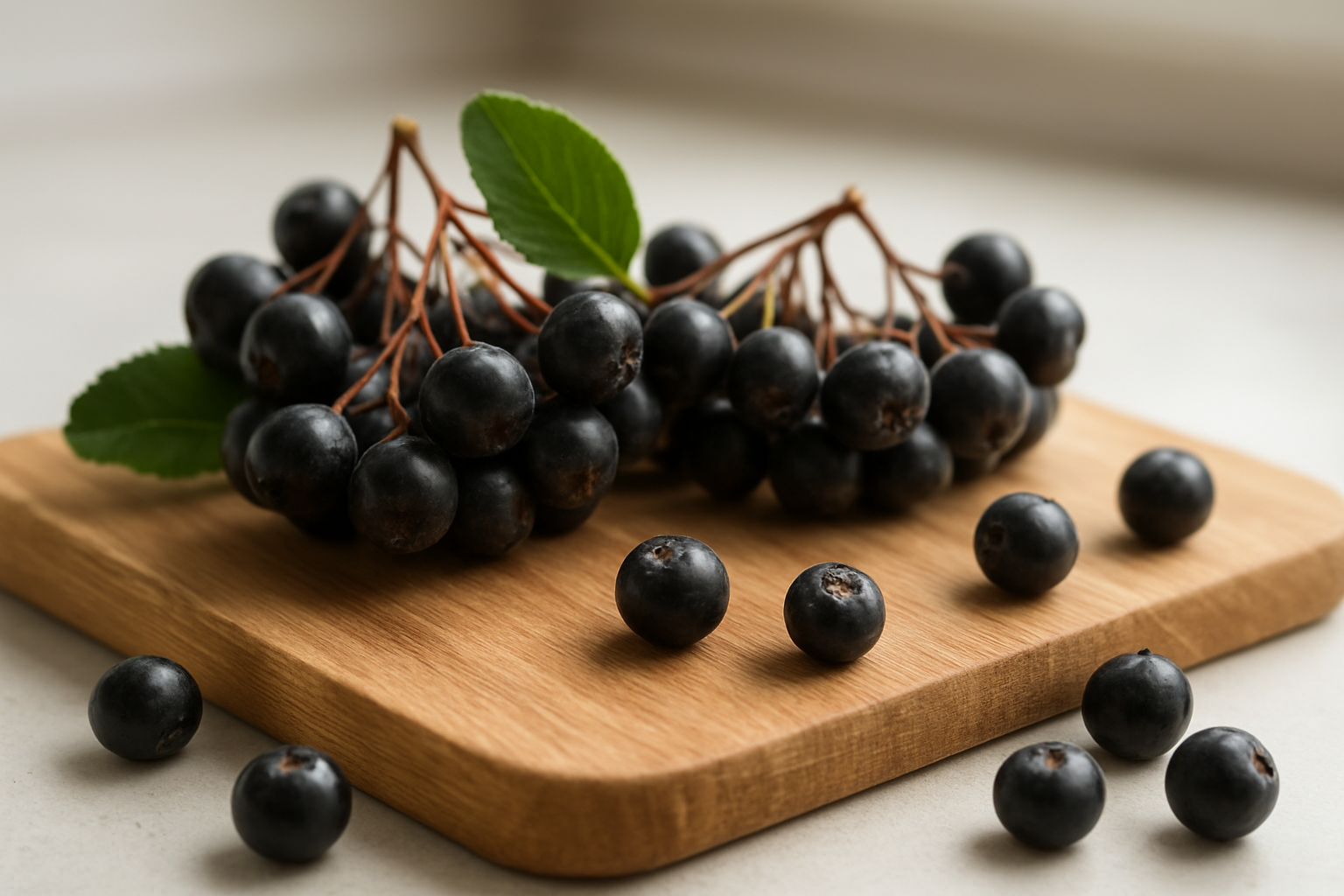 Create a realistic image of fresh chokeberries (Aronia berries) displayed on a wooden cutting board with some berries still attached to their natural clusters and stems, alongside a few loose individual berries scattered around, set against a clean kitchen counter background with soft natural lighting from a nearby window, showing the deep purple-black color and small size of the berries in sharp detail, with a few green leaves visible to emphasize their natural state, captured in a food photography style that highlights the texture and appearance of these nutritious berries, absolutely NO text should be in the scene.