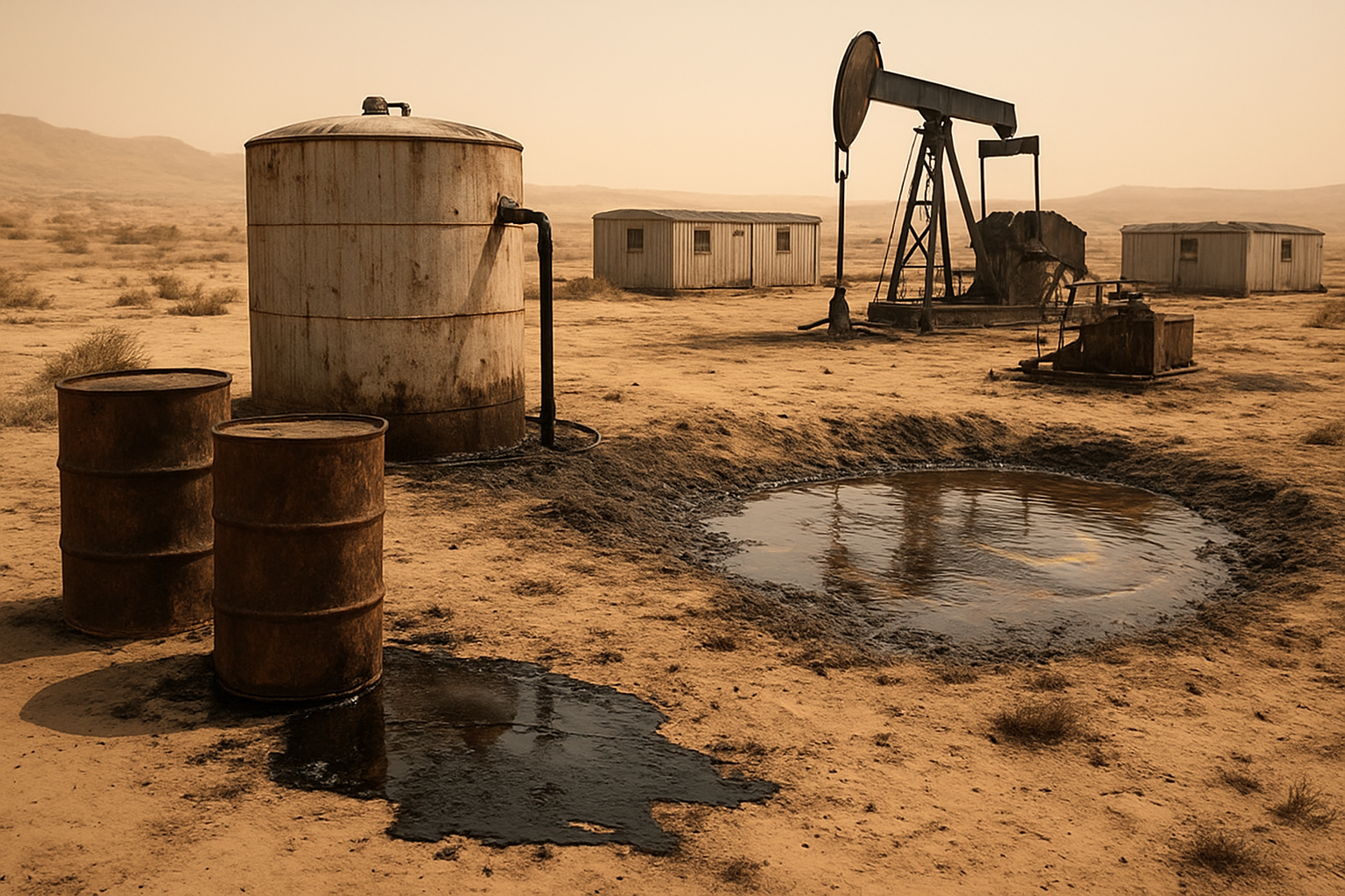 Create a realistic image of a remote oil rig camp in a desert landscape showing various water contamination sources including rusty metal drums leaking dark liquid near a water storage tank, industrial equipment with visible oil stains on sandy ground, a muddy water pond with an oily sheen reflecting sunlight, and weathered portable buildings in the background under harsh sunlight with a hazy, dusty atmosphere conveying environmental hazards, absolutely NO text should be in the scene.