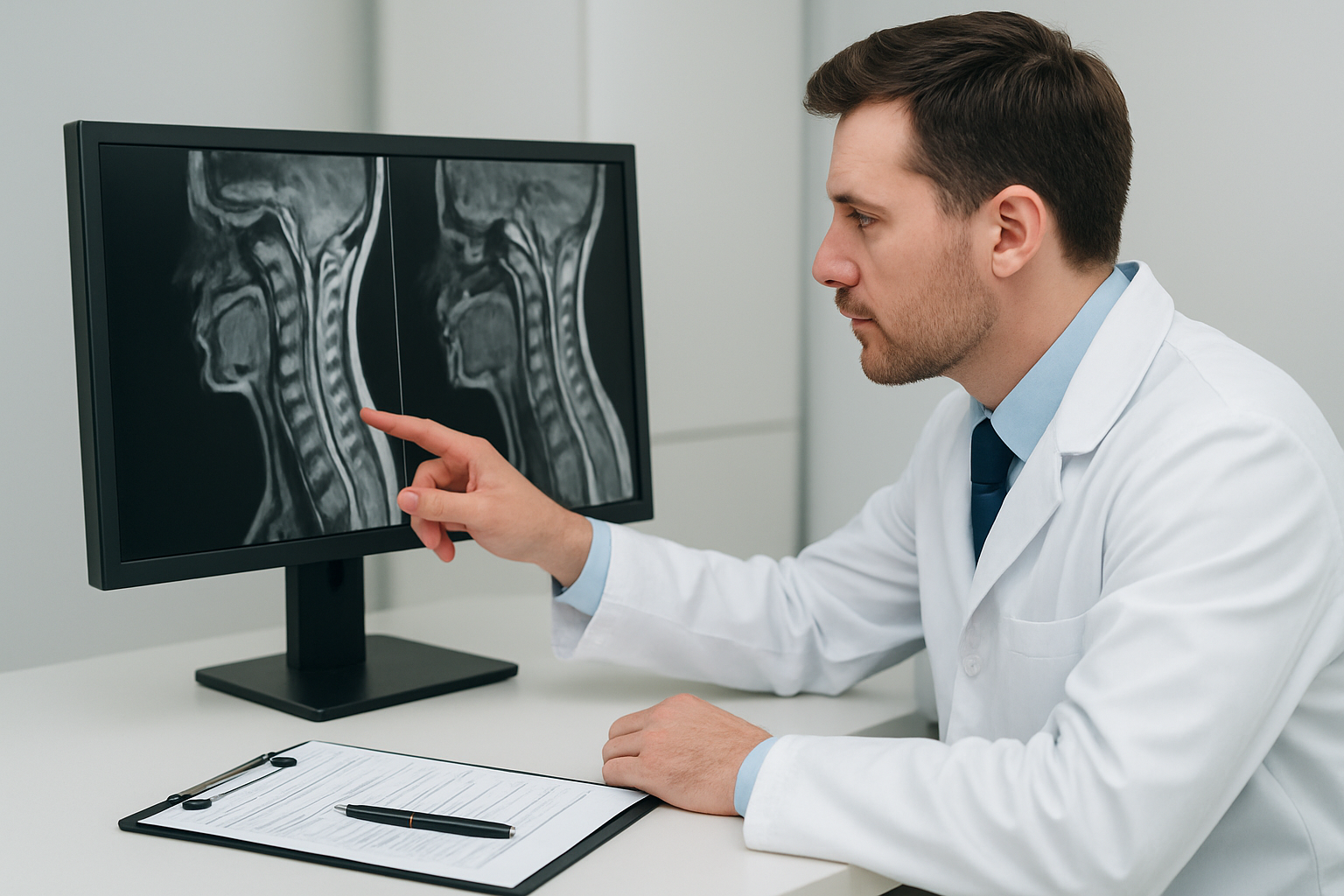 Create a realistic image of a medical consultation scene showing a white male radiologist in a white coat examining MRI scan images on a computer monitor displaying cervical spine scans in flexion position, with the doctor pointing to specific areas of the spine while a clipboard with patient medical charts sits nearby on a clean, modern medical office desk, professional medical environment with soft clinical lighting, absolutely NO text should be in the scene.