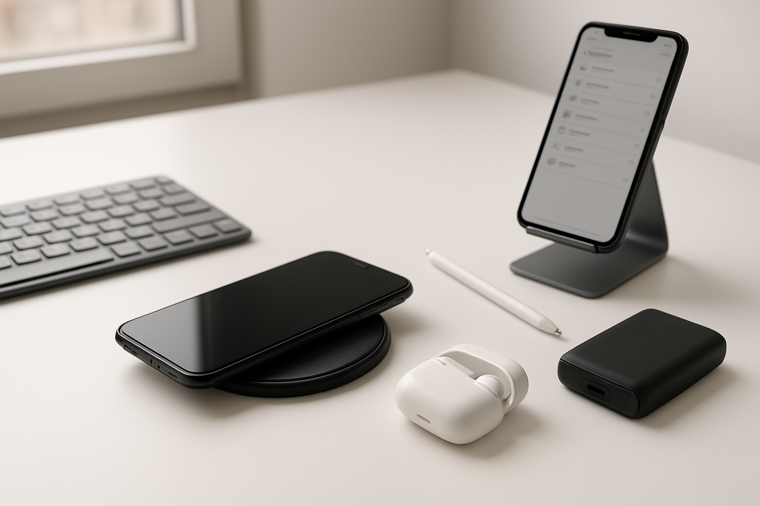 Create a realistic image of a modern workspace featuring various smartphone accessories designed for productivity, including a wireless charging pad with a smartphone, bluetooth keyboard, stylus pen, phone stand holding a device displaying a work app, wireless earbuds in their case, and a portable power bank, all arranged on a clean white desk surface with soft natural lighting from a window, creating a professional and organized atmosphere that suggests efficiency and modern work tools, absolutely NO text should be in the scene.