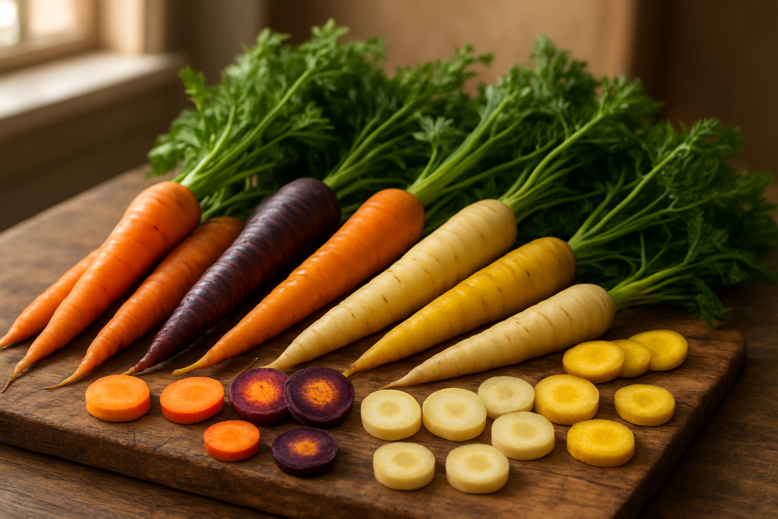 Create a realistic image of a diverse collection of fresh carrots showcasing different varieties including orange, purple, white, and yellow carrots arranged on a rustic wooden cutting board, with some carrots whole and others sliced to display their vibrant cross-sections, accompanied by fresh carrot greens, set against a warm kitchen background with soft natural lighting streaming from a window, creating an inviting and educational atmosphere that summarizes the comprehensive knowledge about carrots as nutritious root vegetables, absolutely NO text should be in the scene.