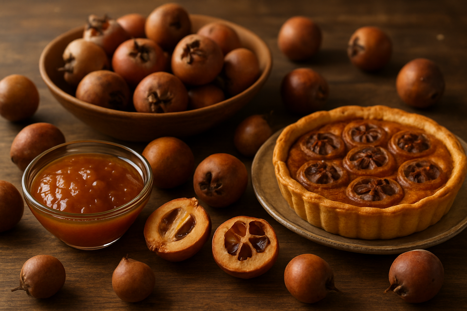 Create a realistic image of fresh medlar fruits arranged on a rustic wooden table alongside culinary preparations showing their versatility, including a bowl of medlar jam with a rich amber color, sliced medlars revealing their unique flesh texture, a homemade medlar tart with golden pastry crust, and scattered medlar fruits in various stages of ripeness from firm to soft, all beautifully lit with warm natural lighting that highlights the fruits' distinctive brown color and rustic appeal, creating an inviting culinary scene that showcases the medlar's unique flavor potential and cooking applications, absolutely NO text should be in the scene.