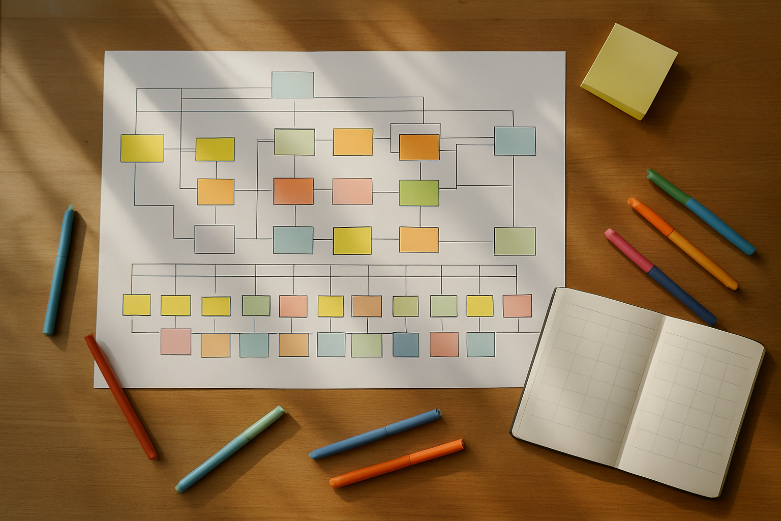Create a realistic image of a wooden desk viewed from above showing a large complex project diagram being broken down into smaller monthly segments, with sticky notes in different colors representing monthly chunks arranged in an organized timeline, a notebook with monthly calendar pages visible, colored pens and markers scattered around, natural daylight coming through a window creating soft shadows, clean and organized workspace atmosphere, absolutely NO text should be in the scene.