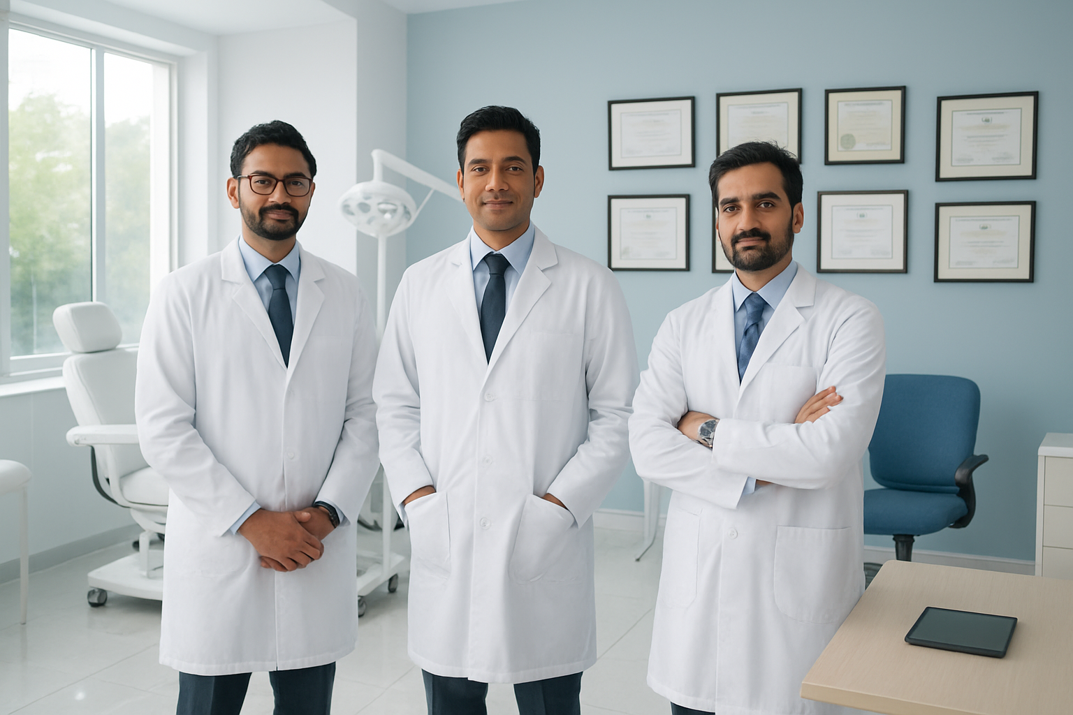 Create a realistic image of a modern, upscale medical clinic interior in Bangalore with three professional South Asian male doctors in white medical coats standing confidently in a well-lit consultation room, medical diplomas and certificates displayed on the wall behind them, advanced hair transplant equipment visible in the background, clean white and blue color scheme, bright natural lighting from large windows, polished floors, and a professional healthcare atmosphere. Absolutely NO text should be in the scene.
