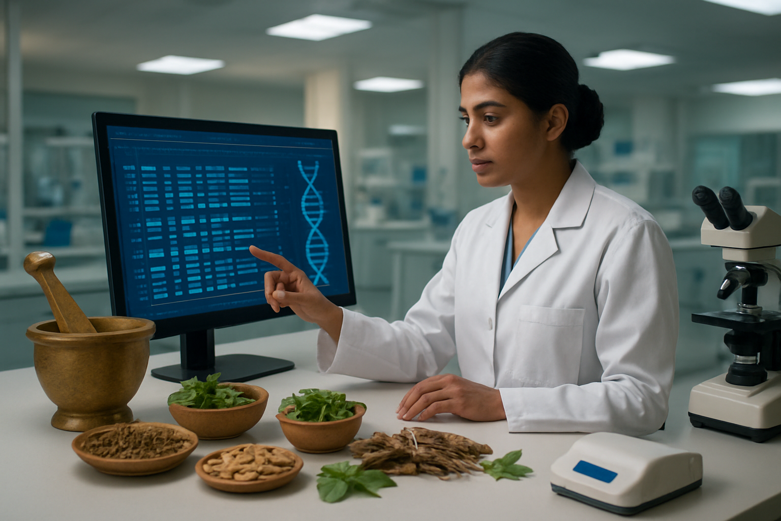 Create a realistic image of a modern laboratory setting where ancient Ayurvedic elements merge with cutting-edge genomic technology, featuring a South Asian female scientist in a white lab coat examining DNA sequencing data on a digital screen while traditional Ayurvedic herbs and medicinal plants are arranged on the laboratory bench alongside high-tech genetic analysis equipment, with soft fluorescent lighting illuminating the workspace and a clean, professional medical research environment in the background, conveying an atmosphere of scientific innovation bridging traditional wisdom with modern personalized medicine, absolutely NO text should be in the scene.
