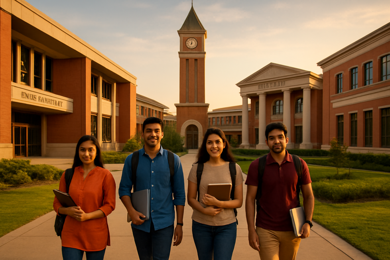Create a realistic image of a modern university campus scene showing diverse Indian students walking between impressive academic buildings representing different educational categories, with architectural elements showcasing engineering, medical, business, and liberal arts facilities, including a prominent clock tower, landscaped pathways, and students carrying books and laptops, set during golden hour lighting with a clear sky, conveying ambition and academic excellence, absolutely NO text should be in the scene.