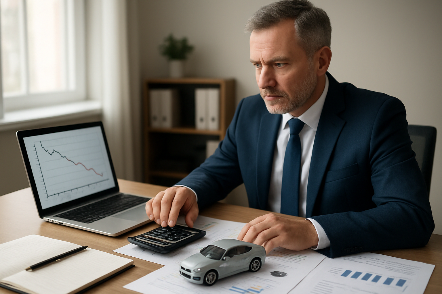 Create a realistic image of a sophisticated financial planning scene featuring a middle-aged white male in business attire sitting at a modern desk with a laptop, calculator, and organized documents spread out, with charts and graphs visible on the laptop screen showing declining cost curves, a toy car model placed prominently on the desk, clean office environment with soft natural lighting from a window, professional and focused atmosphere conveying strategic financial planning, absolutely NO text should be in the scene.