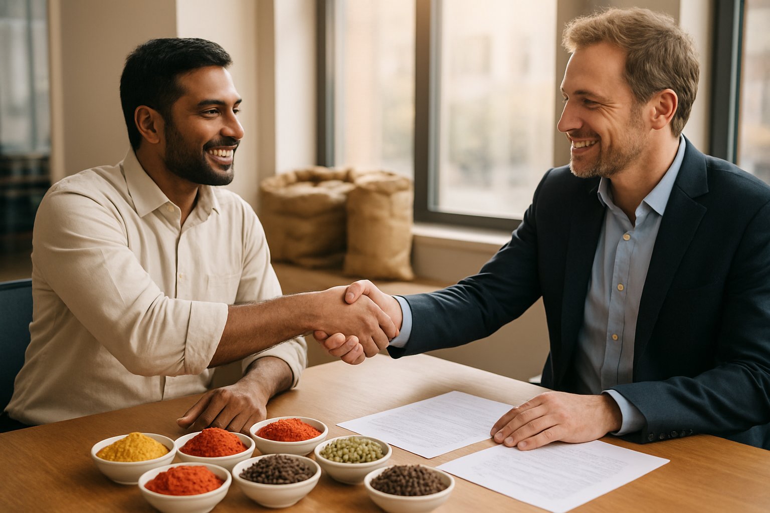 Create a realistic image of an Indian male spice exporter and a white male buyer shaking hands across a wooden table covered with small bowls of colorful spices including turmeric, red chili powder, cardamom, and black peppercorns, set in a modern office environment with warm natural lighting streaming through large windows, creating a professional yet welcoming atmosphere that conveys successful partnership and mutual respect, with traditional Indian spice sacks visible in the background and documents suggesting completed negotiations on the table, absolutely NO text should be in the scene.