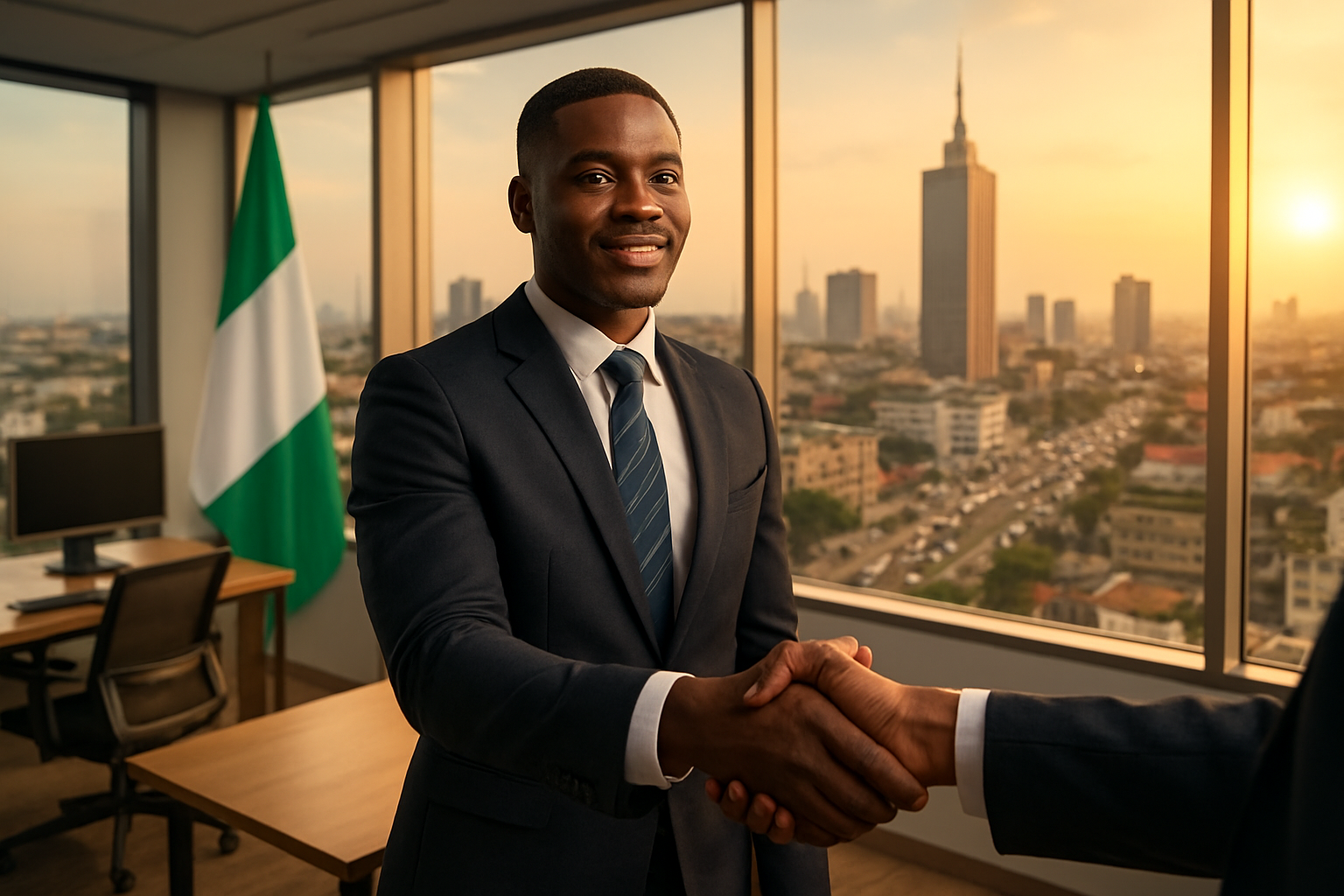 Create a realistic image of a confident black male entrepreneur in business attire standing in a modern Nigerian office overlooking Lagos city skyline through large windows, with Nigerian flag colors subtly incorporated in office decor, handshake gesture between two business professionals in the foreground symbolizing partnership and success, warm golden hour lighting creating an optimistic atmosphere, modern office furniture and computers visible, bustling city life in the background representing economic opportunity and growth, absolutely NO text should be in the scene.