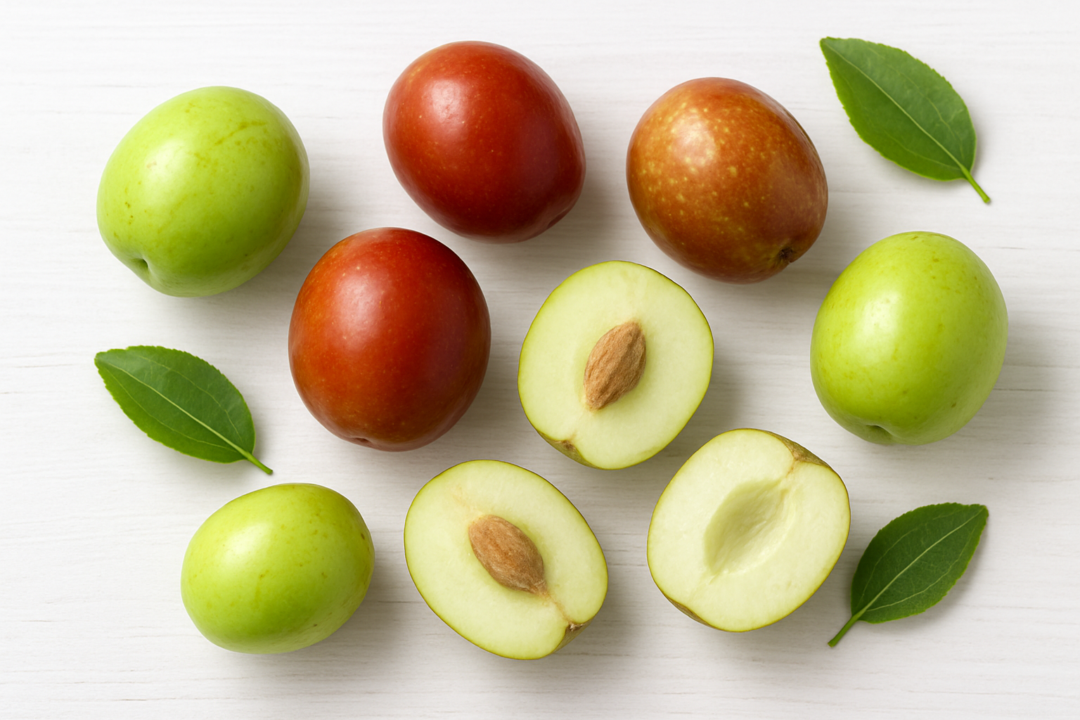 Create a realistic image of fresh jujube fruits in various stages of ripeness arranged on a clean white wooden surface, showing whole fruits ranging from green to reddish-brown colors alongside some cut-in-half jujubes revealing their pale flesh and central pit, with natural daylight illuminating the scene from above creating soft shadows, surrounded by a few green jujube leaves for botanical context, captured in a clean educational style perfect for learning about this fruit's basic characteristics, absolutely NO text should be in the scene.