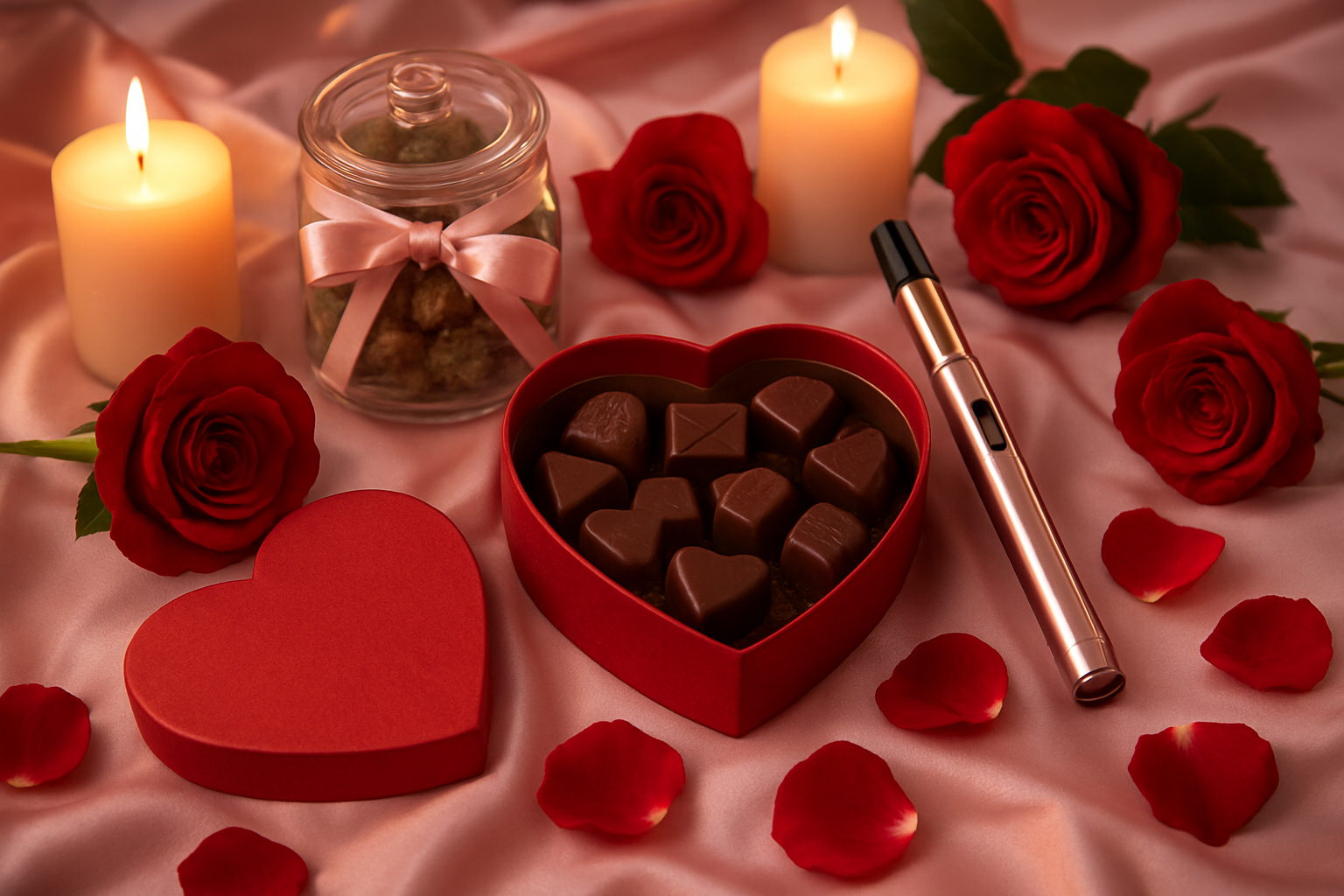 Create a realistic image of an elegant Valentine's Day gift setup featuring premium cannabis products arranged on a soft pink silk fabric, including beautifully packaged cannabis flowers in glass jars with ribbon bows, artisanal cannabis chocolates in a heart-shaped box, and a luxury cannabis vape pen with rose gold accents, surrounded by red roses, scattered rose petals, warm candlelight from pillar candles creating a romantic ambiance, shot from a slight overhead angle with soft diffused lighting that emphasizes the luxurious and intimate mood, absolutely NO text should be in the scene.