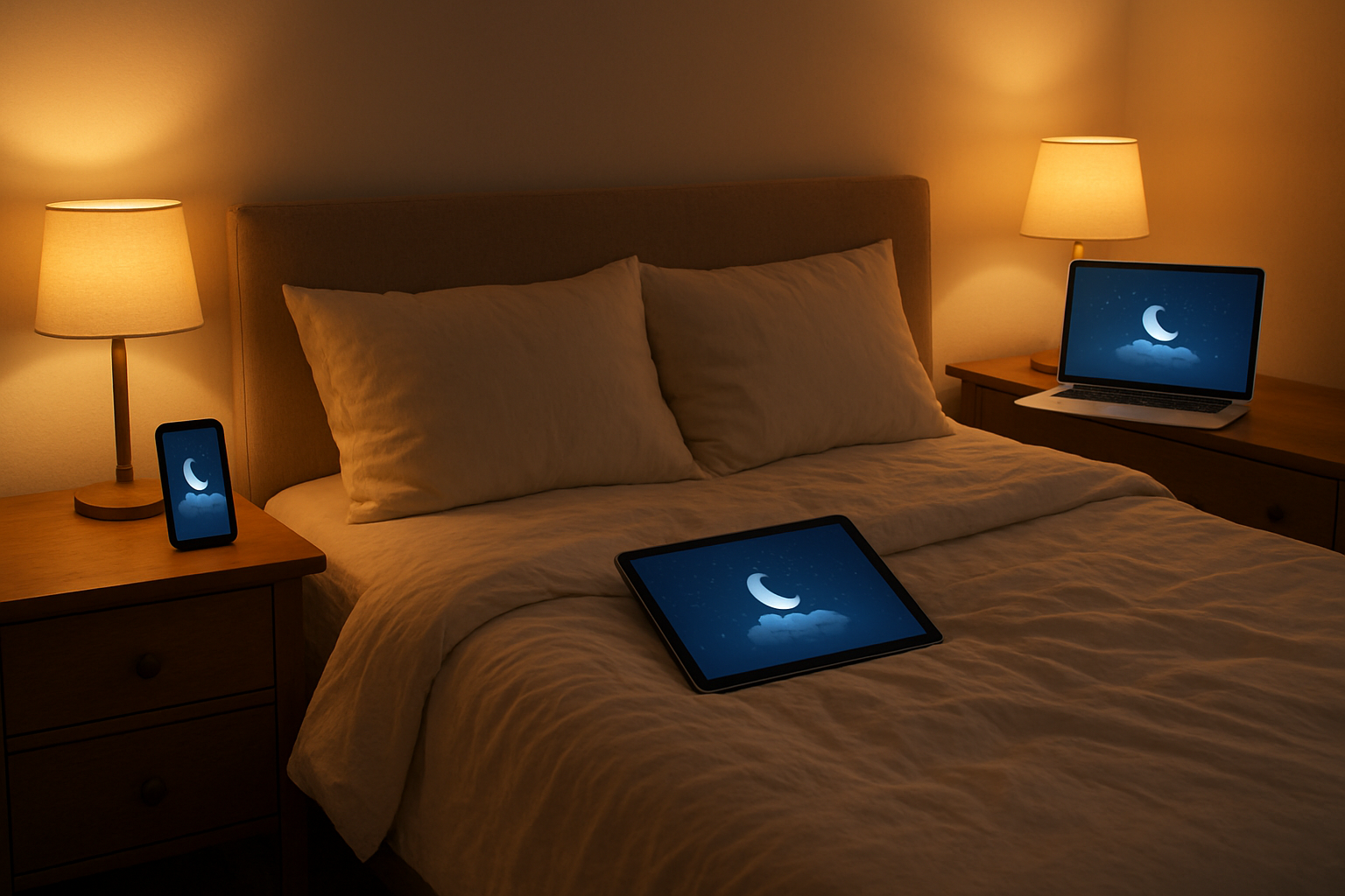 Create a realistic image of a peaceful bedroom scene showing multiple electronic devices displaying a bedtime wellness app interface, including a smartphone on a nightstand, a tablet on a bed, and a laptop on a dresser, with soft warm lighting from bedside lamps creating a calming atmosphere, featuring a cozy unmade bed with white linens, wooden furniture, and a serene nighttime ambiance that suggests relaxation and sleep preparation across various digital platforms, absolutely NO text should be in the scene.