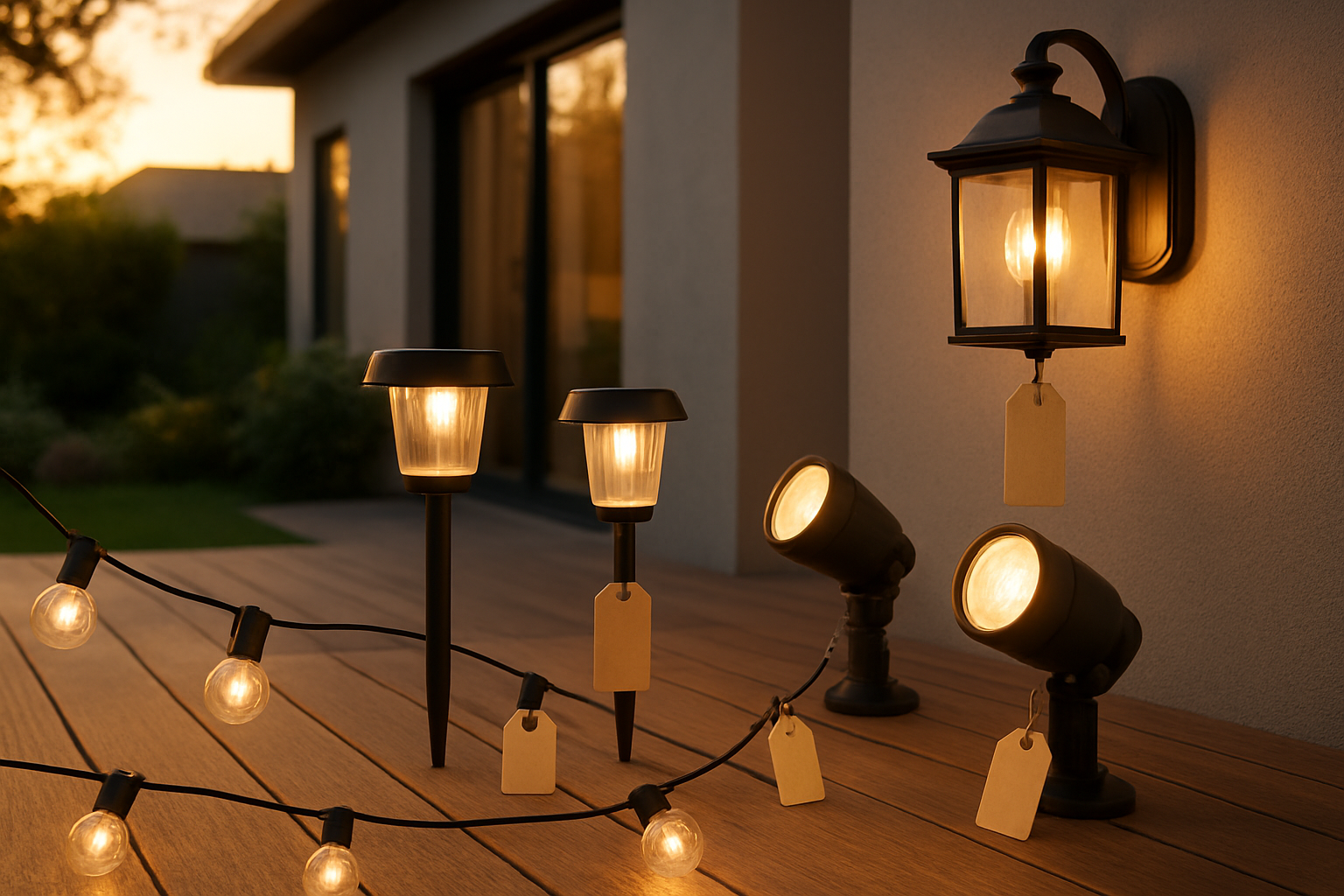 Create a realistic image of various affordable outdoor lighting fixtures arranged on a wooden deck or patio surface, including LED string lights, solar pathway lights, landscape spotlights, and wall-mounted lanterns, with price tags showing amounts under $1000, set against a modern home exterior during golden hour lighting that creates a warm and inviting atmosphere, showcasing the lighting products as budget-friendly options that enhance home value. Absolutely NO text should be in the scene.