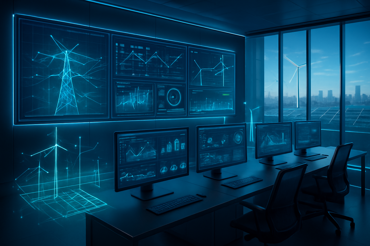 Create a realistic image of a modern energy control center featuring multiple large wall-mounted screens displaying real-time energy grid data, wind turbine performance charts, and solar panel efficiency graphs, with sleek computer workstations in the foreground showing AI analytics dashboards, surrounded by futuristic holographic displays of power transmission lines and renewable energy sources, illuminated by cool blue LED lighting that creates a high-tech atmosphere, with subtle green accents representing sustainability, set against a backdrop of floor-to-ceiling windows showing a cityscape with visible wind turbines and solar installations in the distance, absolutely NO text should be in the scene.
