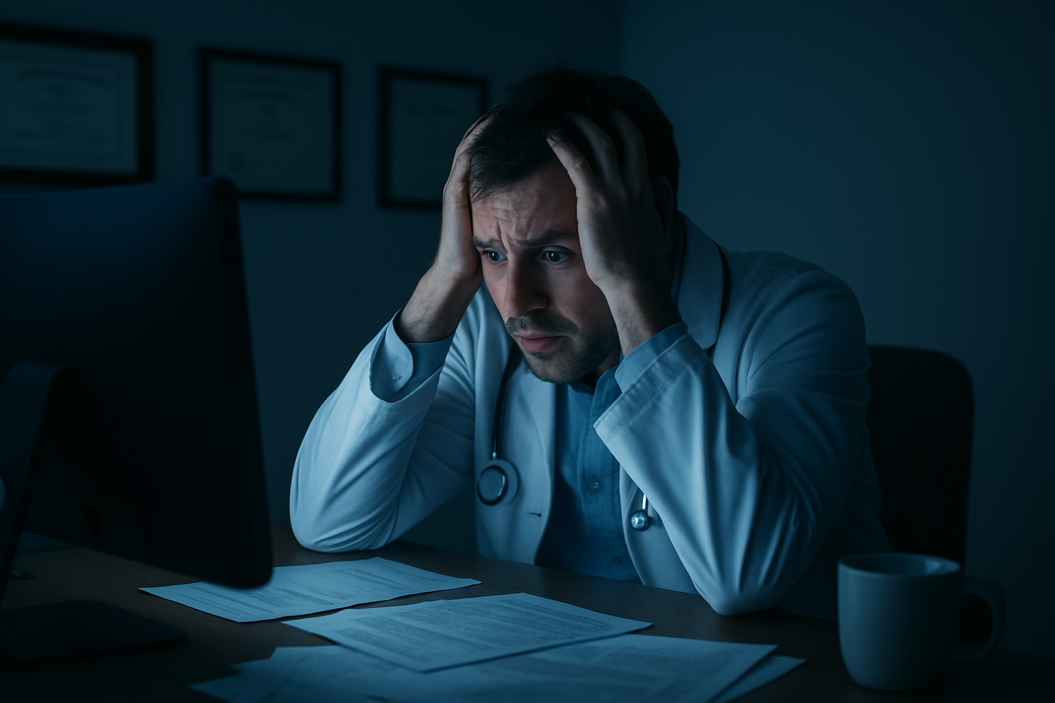Create a realistic image of a white male doctor in a white coat sitting at his desk looking distressed and overwhelmed while staring at a computer screen showing negative review notifications, with his hands on his head in a gesture of frustration, the office environment is dimly lit with harsh blue light from the computer screen casting shadows on his face, medical diplomas and certificates hang on the wall behind him, and scattered papers and an untouched coffee cup sit on the desk suggesting neglect of daily tasks, the overall mood is somber and depicts professional reputation declining, absolutely NO text should be in the scene.