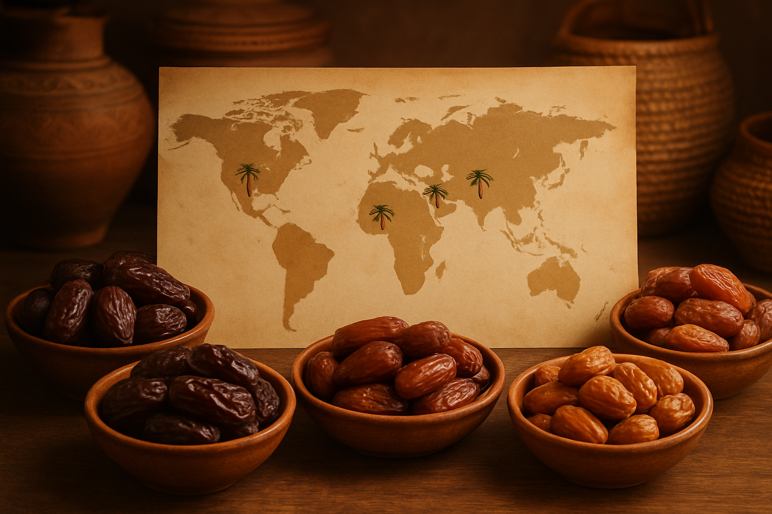 Create a realistic image of a world map showing major date-producing regions highlighted with small date palm icons, surrounded by bowls of fresh dates from different countries including Medjool dates, Deglet Noor dates, and Zahidi dates, with subtle cultural elements like traditional Middle Eastern and North African pottery and baskets in the background, warm golden lighting creating an inviting atmosphere that emphasizes the global nature and cultural importance of date cultivation, absolutely NO text should be in the scene.