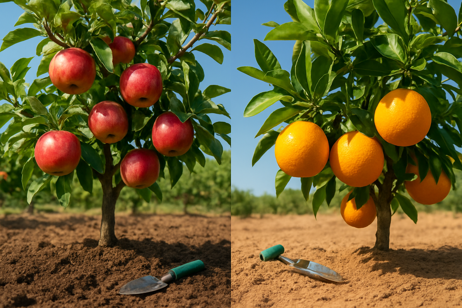 Create a realistic image of a split-screen comparison showing different fruit varieties growing in contrasting environments, with apple trees thriving in temperate soil on the left side and citrus trees flourishing in warmer, sandy soil on the right side, featuring detailed close-ups of healthy fruits on branches, rich brown fertile soil visible at the base of trees, clear blue sky background, bright natural daylight illuminating the scene, and small soil testing tools scattered near the tree bases. Absolutely NO text should be in the scene.