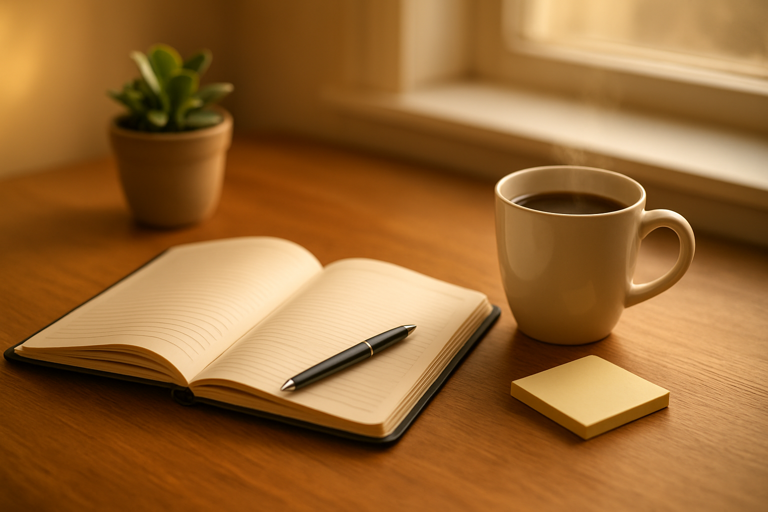 Create a realistic image of a well-organized desk setup with an open planner or journal, a steaming cup of coffee, a pen, sticky notes, and a small potted plant, all arranged on a clean wooden surface near a window with soft morning sunlight streaming in, creating a calm and focused atmosphere for daily planning and goal-setting, with warm golden lighting and a peaceful, productive mood. Absolutely NO text should be in the scene.