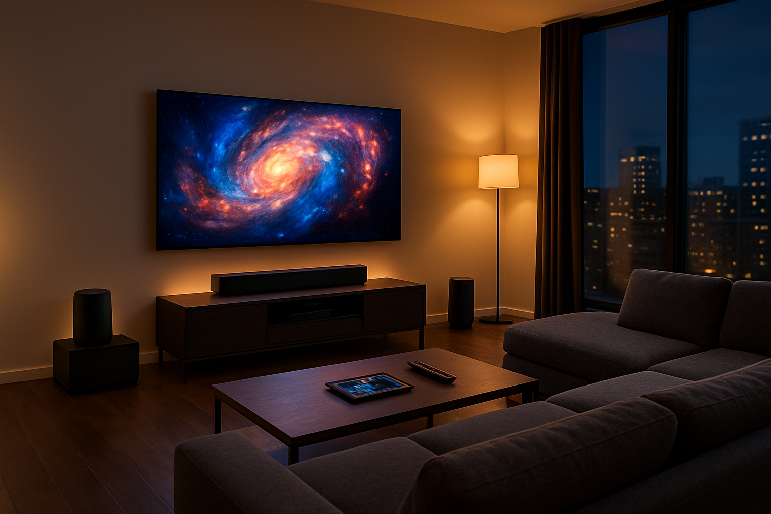 Create a realistic image of a modern living room featuring premium smart entertainment devices including a large wall-mounted 4K smart TV displaying vibrant content, a sleek soundbar beneath it, smart speakers positioned around the room, a gaming console on a minimalist TV stand, and a coffee table with a tablet and smart remote controls, all set in a contemporary home interior with warm ambient lighting from smart LED strips and floor lamps, dark hardwood floors, comfortable gray sectional sofa, and floor-to-ceiling windows showing evening cityscape, creating a luxurious and tech-forward atmosphere, absolutely NO text should be in the scene.