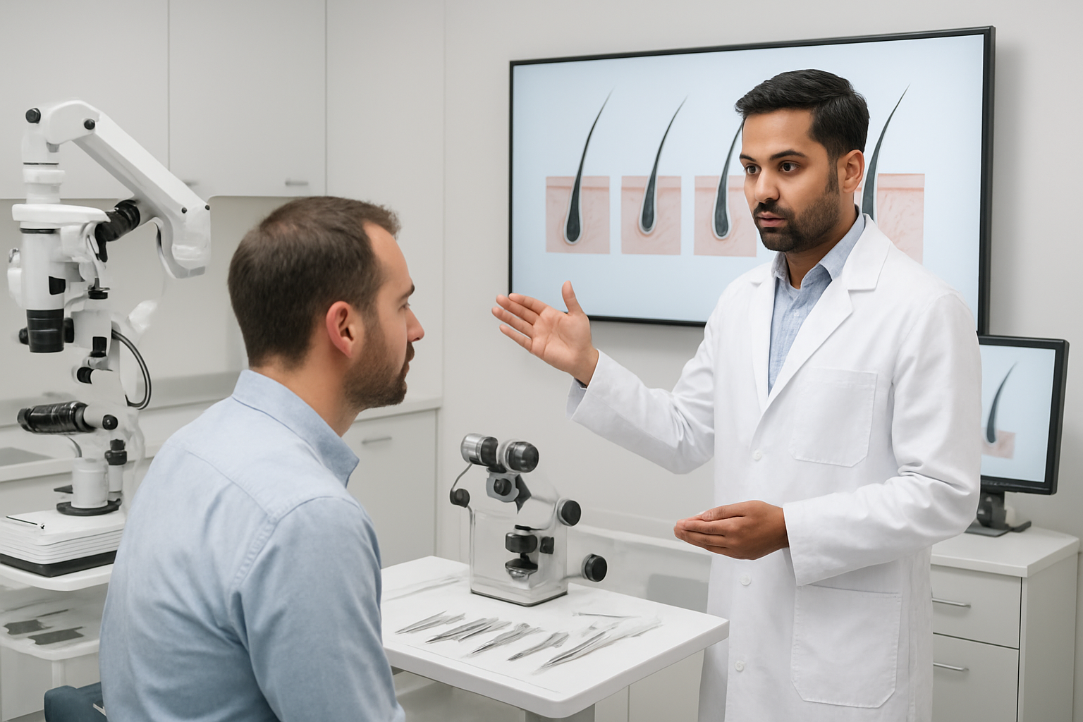 Create a realistic image of a modern medical consultation room showing hair transplant technology with a South Asian male doctor in a white coat explaining hair restoration techniques to a male patient, featuring advanced medical equipment including microscopes, surgical instruments, and digital displays showing hair follicle diagrams, with clean white medical furniture, professional lighting, and a sterile clinical environment, absolutely NO text should be in the scene.