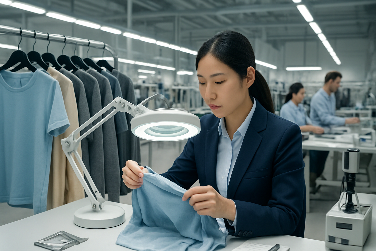 From Sampling to Shipment: A Transparent Apparel Export Process for Global Buyers in 2026 Create a realistic image of a modern apparel manufacturing facility showing quality control in action, with an Asian female quality inspector in professional attire examining garments at an inspection station equipped with magnifying equipment and measurement tools, surrounded by neatly organized clothing samples on hangers, with additional workers in the background conducting fabric testing and garment checks, bright industrial lighting illuminating the clean workspace with inspection tables, measuring devices, and quality assessment equipment, conveying a professional and systematic manufacturing environment focused on precision and standards, absolutely NO text should be in the scene.