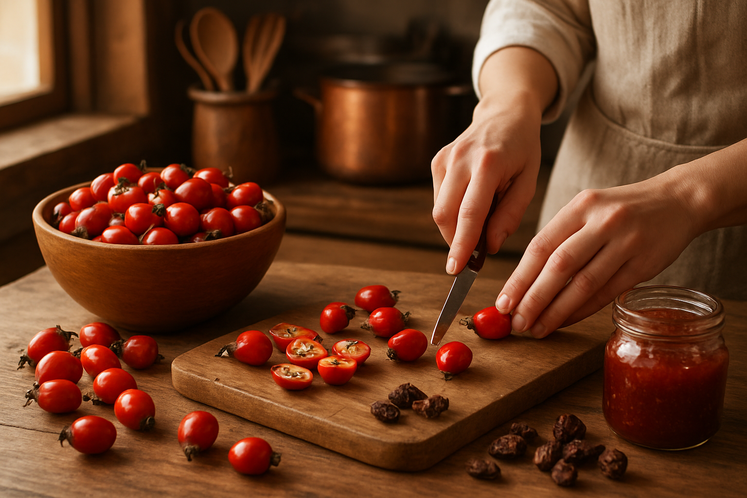 Create a realistic image of fresh red rose hips being prepared in a rustic kitchen setting, showing various culinary preparation stages including whole rose hips in a wooden bowl, some cut in half revealing seeds, rose hip jam in a glass jar, dried rose hips scattered on a cutting board, a white female chef's hands using a knife to slice rose hips, copper pots and wooden utensils in the background, warm natural lighting from a kitchen window, cozy homestyle cooking atmosphere, absolutely NO text should be in the scene.