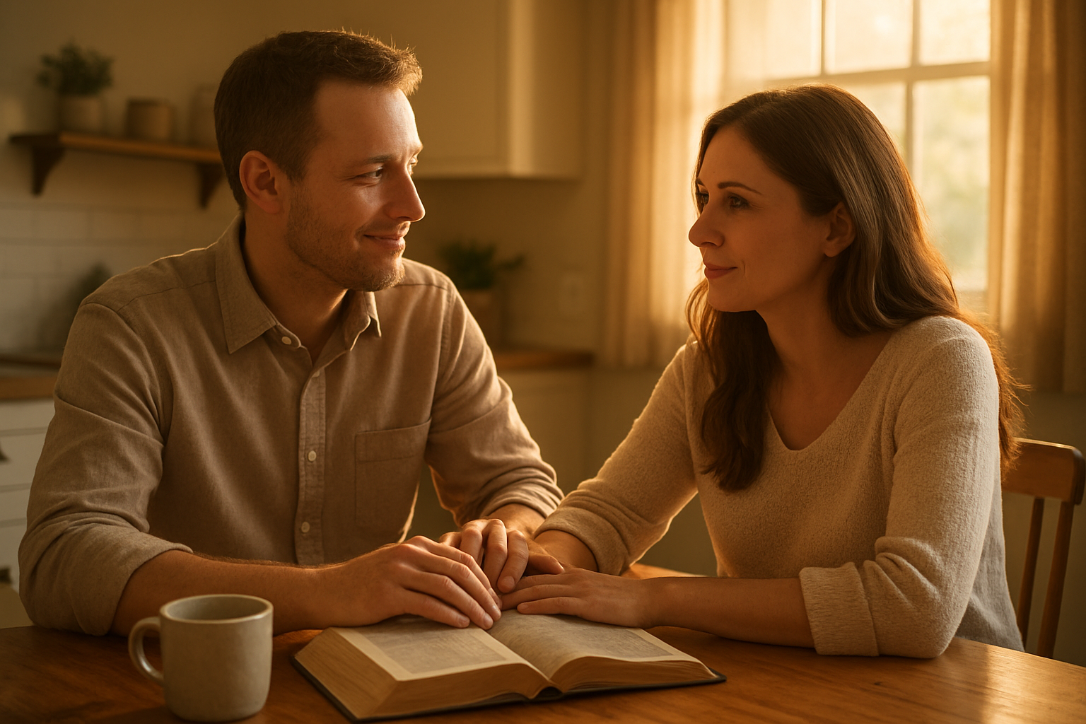 Create a realistic image of a married couple, one white male and one white female, sitting together at a wooden kitchen table in warm morning light, with an open Bible between them as they engage in gentle conversation, soft golden sunlight streaming through a nearby window creating a peaceful and intimate atmosphere, with their hands positioned near each other showing connection and unity, surrounded by a cozy home setting with subtle background elements like a coffee mug and simple home decor, conveying a sense of spiritual intimacy and purposeful dialogue, absolutely NO text should be in the scene.