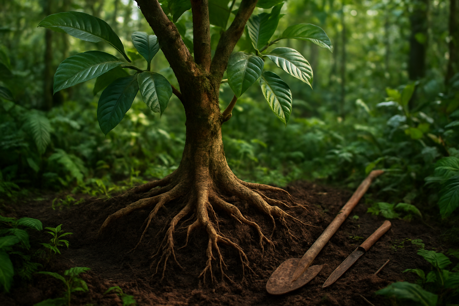 Create a realistic image of a Tabernanthe iboga tree with its distinctive bark and leaves in its natural African rainforest habitat, with close-up detailed views of the plant's root system partially exposed in rich, dark soil, surrounded by lush green tropical vegetation, dappled sunlight filtering through the forest canopy creating a serene and natural atmosphere, with some traditional wooden tools nearby suggesting indigenous harvesting methods, captured in soft natural lighting that emphasizes the botanical and medicinal properties of the plant, absolutely NO text should be in the scene.