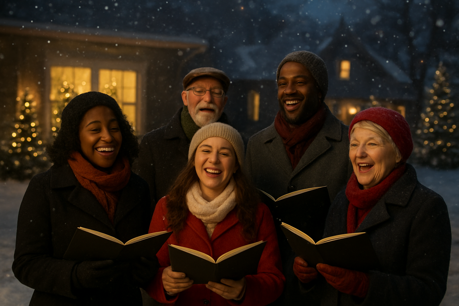 Create a realistic image of a diverse group of carolers including white and black men and women of various ages standing together outdoors in a snowy neighborhood during evening hours, their faces lit with warm smiles and joy as they sing Christmas carols, holding songbooks and wearing winter coats and scarves, with warm golden light spilling from nearby house windows creating a cozy atmosphere, snow gently falling, and decorated Christmas trees visible through the windows behind them, capturing the spirit of community connection and holiday tradition spreading happiness throughout the neighborhood, Absolutely NO text should be in the scene.