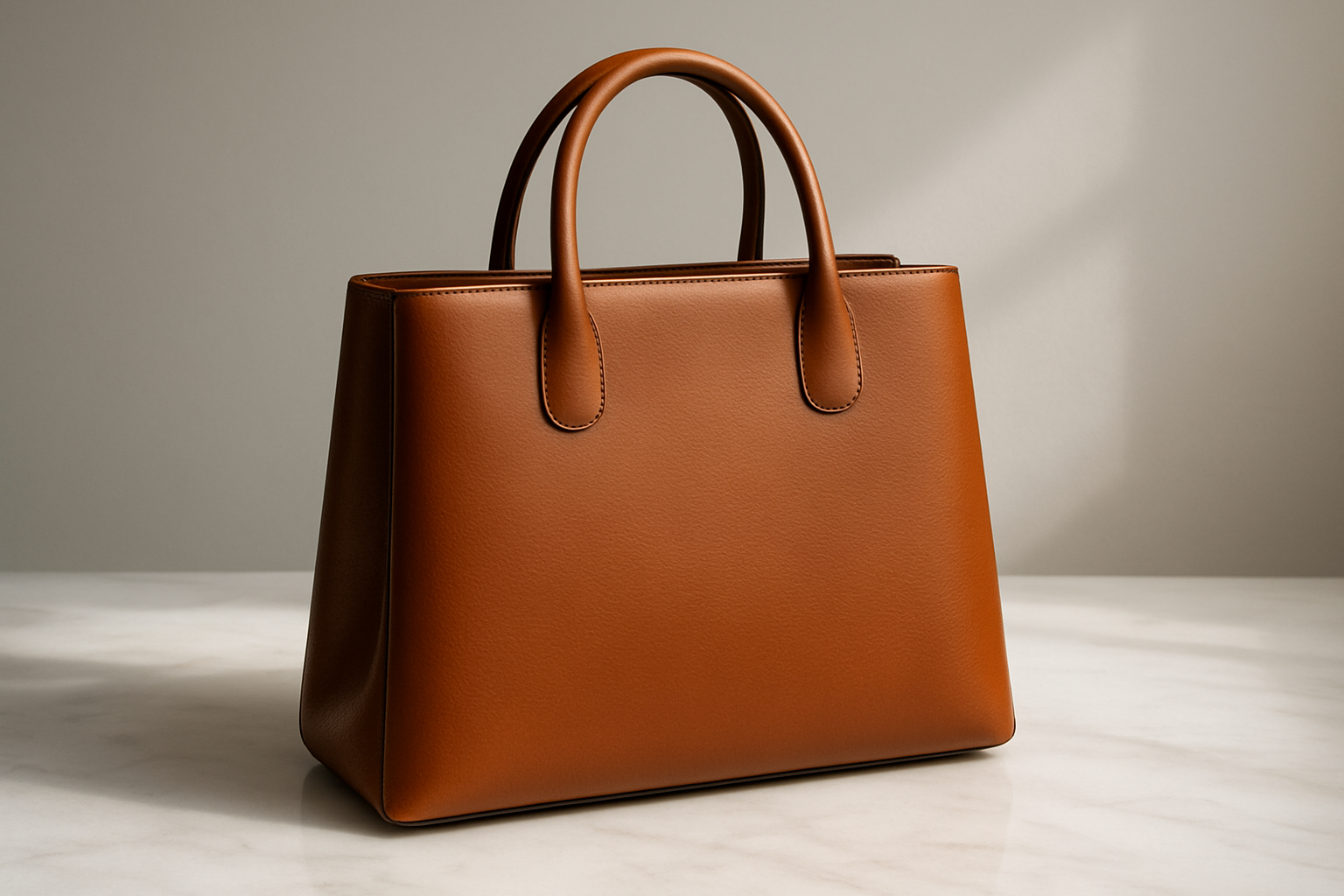 Create a realistic image of a luxurious minimalist leather handbag in rich cognac brown color placed on a clean white marble surface, showcasing the smooth grain texture and impeccable stitching details, with soft natural lighting from the side highlighting the material's premium quality and subtle sheen, against a simple neutral background with gentle shadows, emphasizing the bag's elegant simplicity and craftsmanship without any decorative elements or embellishments, absolutely NO text should be in the scene.