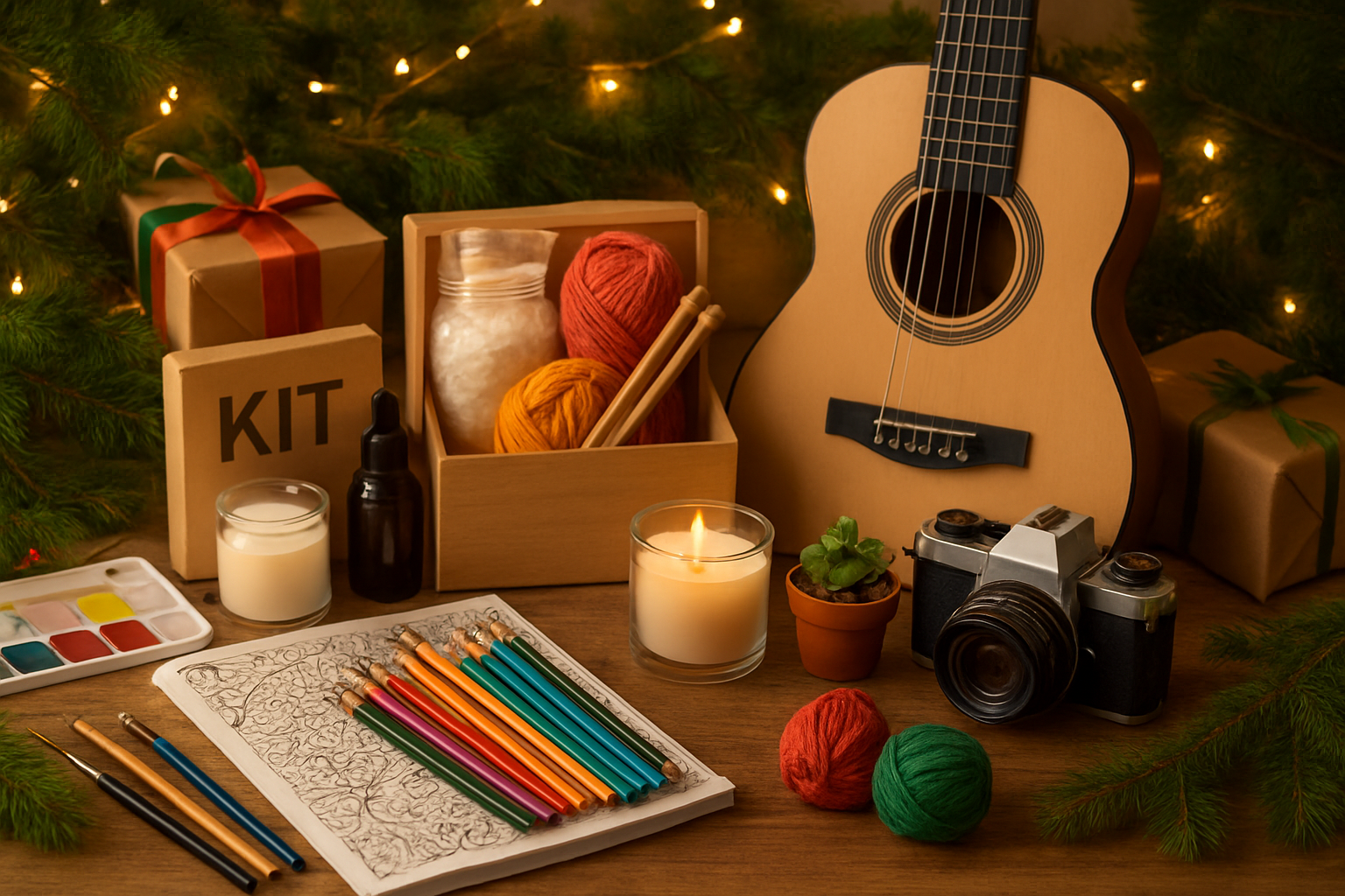 Create a realistic image of a festive display of creative and hobby-based gifts arranged on a wooden table with Christmas decorations, featuring art supplies like paintbrushes and watercolor palettes, craft kits including knitting needles with colorful yarn, a beginner's guitar, photography equipment like a vintage camera, DIY candle-making supplies, adult coloring books with colored pencils, and small potted plants for gardening, all surrounded by pine branches, fairy lights, and wrapped gift boxes with ribbons, captured in warm golden lighting that creates a cozy holiday atmosphere, absolutely NO text should be in the scene.