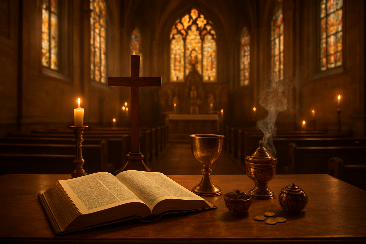 Create a realistic image of an ornate Christian church interior with warm golden lighting streaming through stained glass windows, featuring a central altar with an open Bible and golden chalice, surrounded by religious symbols including a wooden cross, frankincense burning in a brass censer creating gentle smoke, myrrh in a small ornamental container, and gold coins scattered nearby, with church pews visible in the background and candles providing ambient lighting throughout the sacred space, conveying a reverent and contemplative atmosphere that represents deep theological meaning and Christian faith traditions, absolutely NO text should be in the scene.