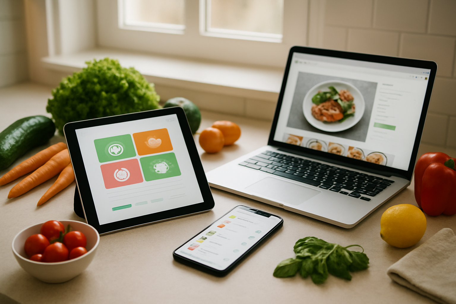 Create a realistic image of a modern kitchen counter with a tablet displaying a colorful meal planning app interface, a smartphone with a grocery shopping app open, and a laptop showing a recipe website, surrounded by fresh ingredients like vegetables and fruits, with soft natural lighting from a nearby window, creating an organized and efficient atmosphere that demonstrates how technology assists with meal preparation and planning. Absolutely NO text should be in the scene.