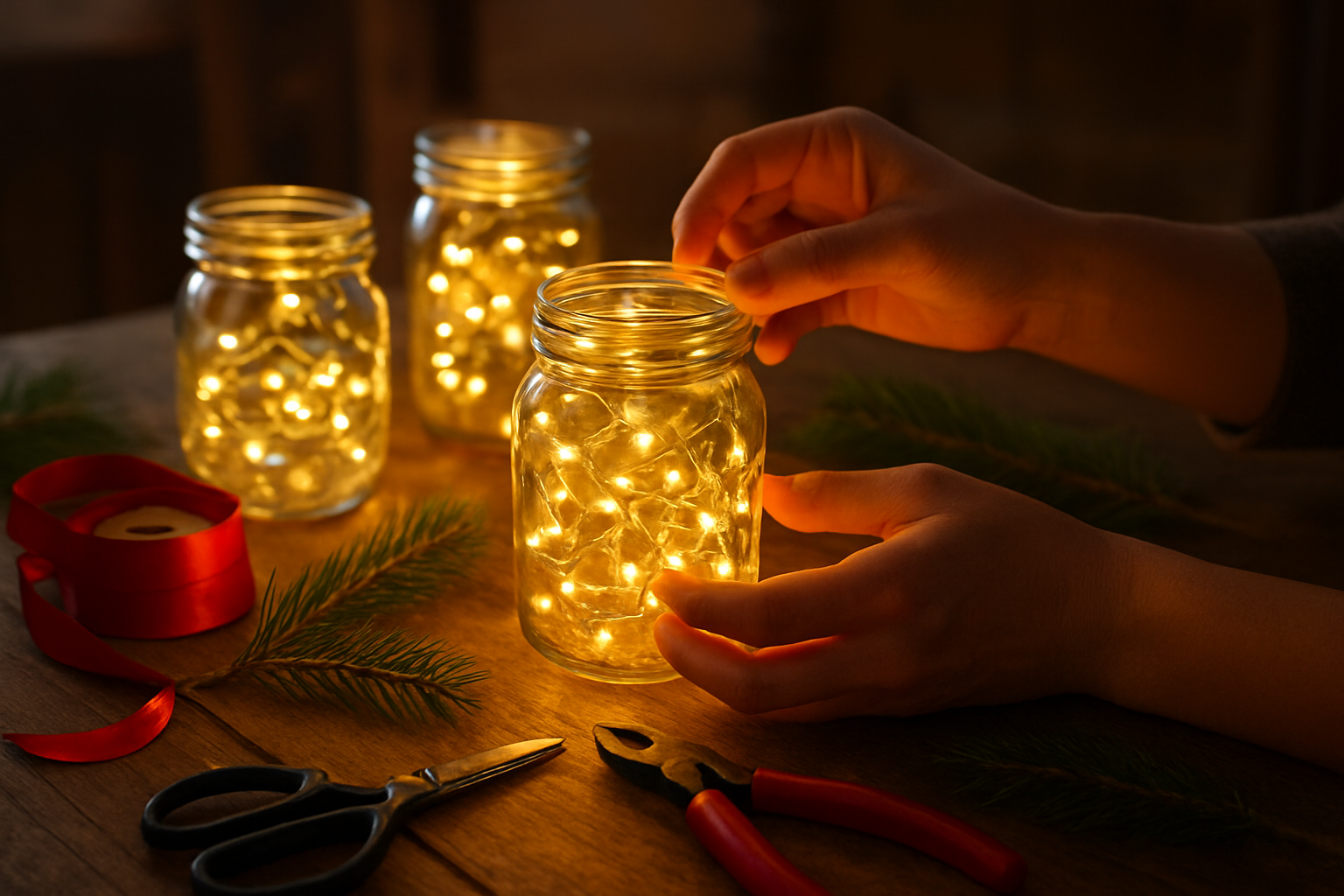 Create a realistic image of hands crafting homemade Christmas light decorations on a wooden work table, featuring mason jars being wrapped with warm white LED string lights, pine branches, red ribbons, and craft supplies like scissors and wire cutters scattered around, with a cozy indoor workshop setting in soft warm lighting that highlights the glowing DIY light-up ornaments and decorations being assembled, absolutely NO text should be in the scene.