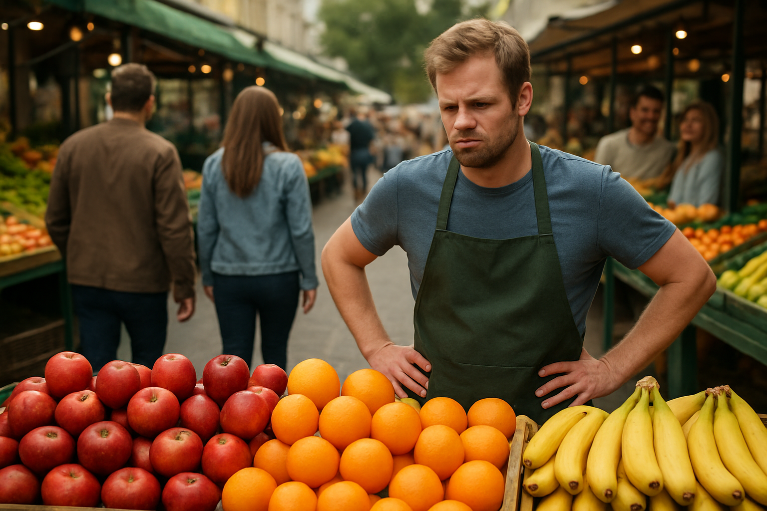 Create a realistic image of a frustrated white male fruit vendor standing behind a colorful fruit stand with fresh apples, oranges and bananas displayed, while potential customers are walking away in the background looking disappointed, the vendor has his hands on his hips showing poor body language, the scene is set in a busy outdoor market with natural daylight, other successful fruit stalls are visible in the blurred background with happy customers, the mood conveys missed opportunities and communication problems, absolutely NO text should be in the scene.
