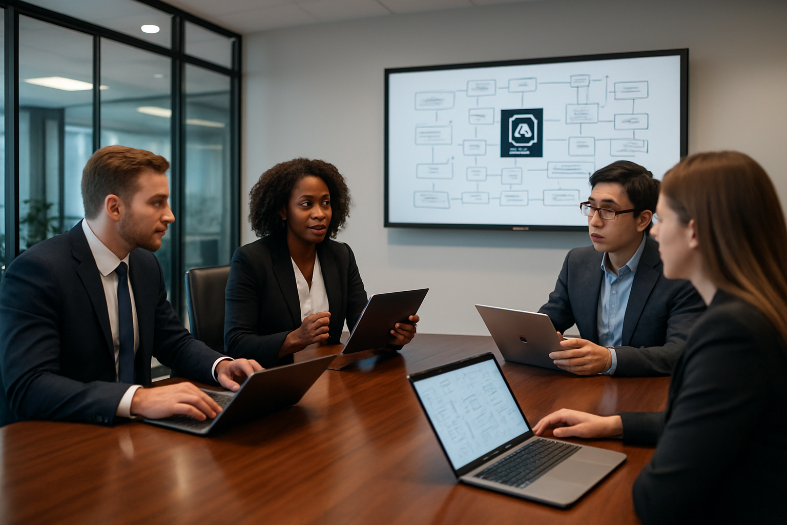 Create a realistic image of a modern corporate boardroom with diverse business professionals including a white male executive, a black female HR manager, and an Asian male IT director sitting around a polished conference table reviewing laptops and tablets displaying flowcharts and implementation diagrams, with a large wall-mounted screen showing AI workflow graphics in the background, professional office lighting, clean contemporary interior design with glass walls, and a collaborative planning atmosphere. Absolutely NO text should be in the scene.