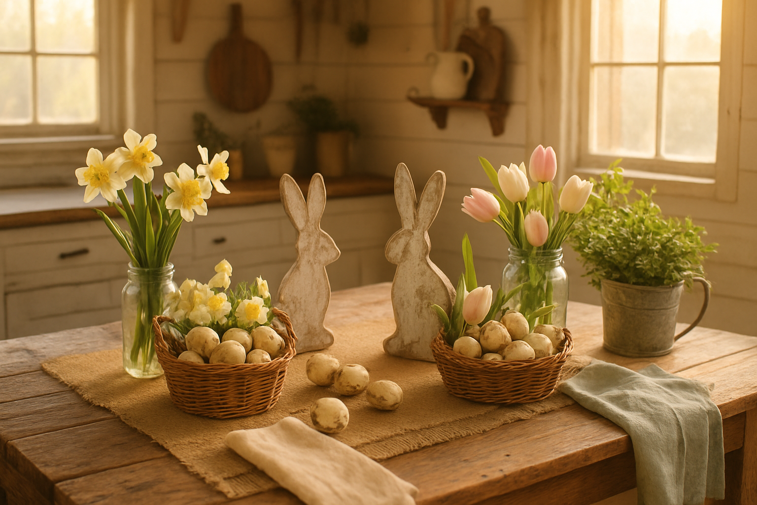 Create a realistic image of a rustic farmhouse Easter tablescape featuring a weathered wooden dining table with burlap table runner, wicker baskets filled with speckled eggs and spring flowers like daffodils and tulips, vintage mason jars as vases, distressed wooden Easter bunny decorations, galvanized metal containers with fresh greenery, soft pastel-colored linens in cream and sage green, natural wood and metal accents, warm golden hour lighting streaming through a window, cozy farmhouse kitchen background with shiplap walls and vintage accessories, creating an inviting spring atmosphere with rustic charm and seasonal warmth, absolutely NO text should be in the scene.