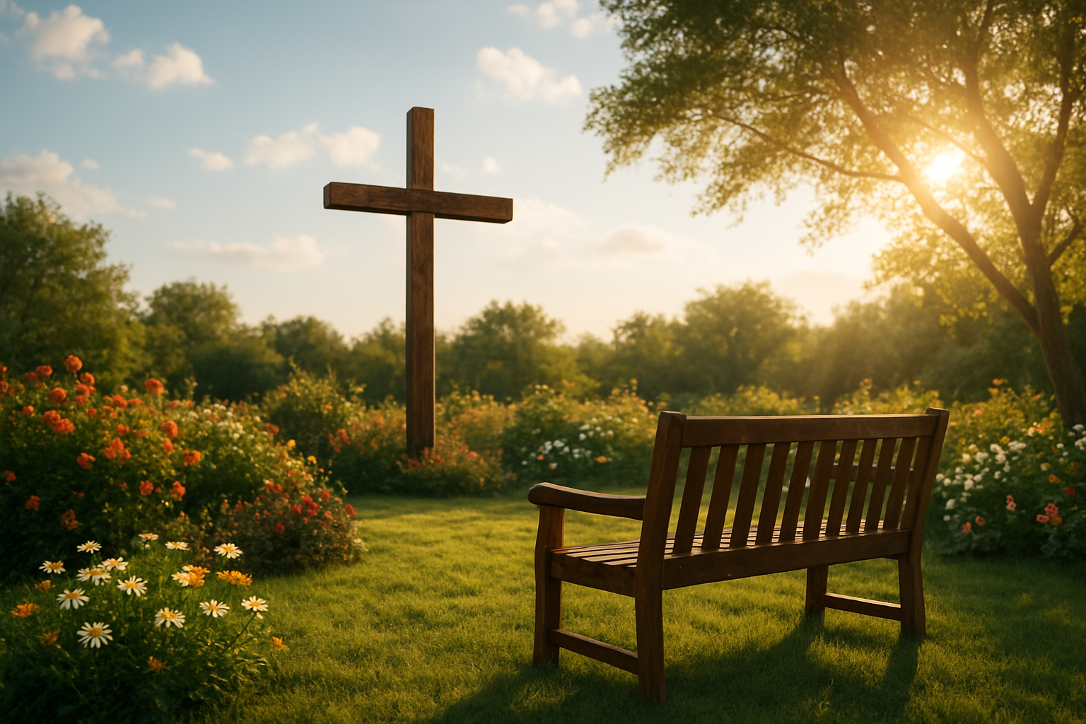 Create a realistic image of a serene outdoor setting with a wooden cross standing prominently in the center background, surrounded by a peaceful garden with blooming flowers and green grass, soft golden hour lighting casting warm shadows, a wooden bench in the foreground positioned as if inviting contemplation, gentle sunbeams filtering through tree branches creating a hopeful and spiritual atmosphere, clear blue sky with soft white clouds, representing faith, healing, and spiritual reflection, absolutely NO text should be in the scene.