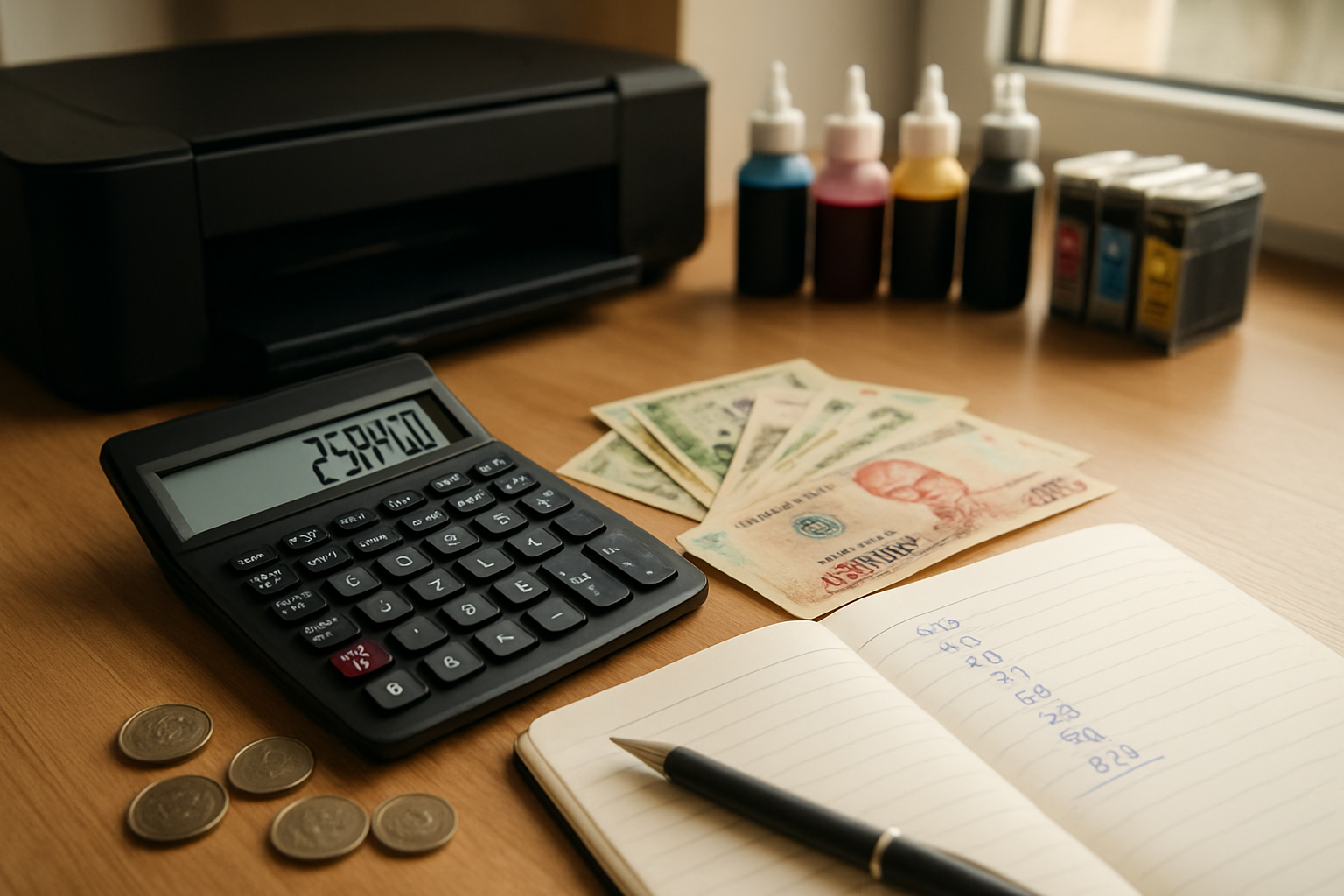 Create a realistic image of a modern office desk scene showing cost savings comparison with an open calculator displaying numbers, Vietnamese dong banknotes and coins scattered nearby, a black inkjet printer in the background, several colorful ink bottles and refill cartridges arranged on the desk, a notebook with handwritten budget calculations, warm natural lighting from a window, clean and organized workspace atmosphere, absolutely NO text should be in the scene.