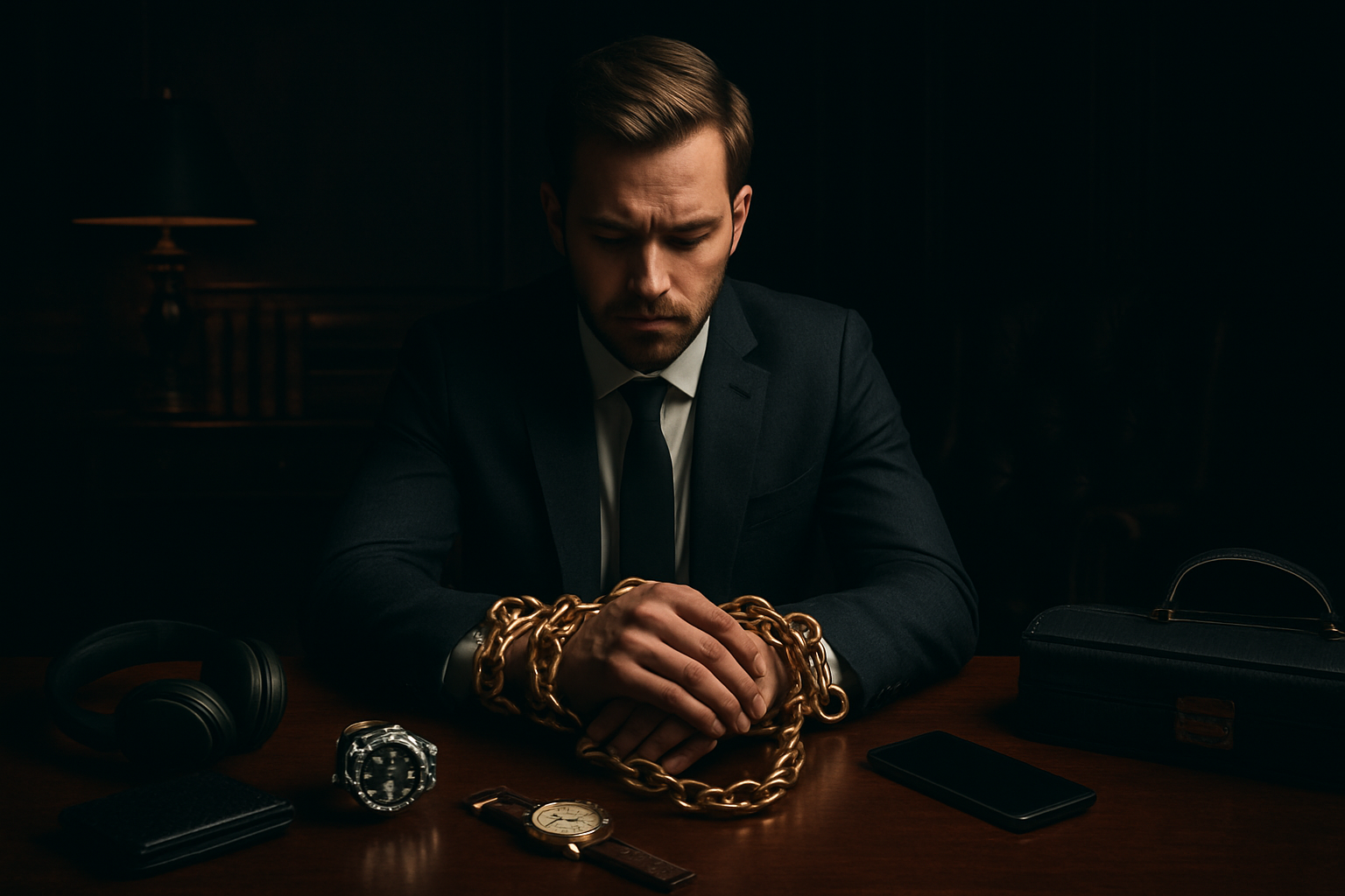 Create a realistic image of a well-dressed white male professional in an expensive suit sitting at a luxurious mahogany desk in an upscale office, surrounded by symbols of wealth like luxury watches, designer accessories, and premium gadgets, while simultaneously being subtly trapped by golden chains around his wrists that blend into the expensive items, with dramatic lighting casting shadows that emphasize the contrast between apparent success and hidden financial bondage, shot from a slightly elevated angle to show the irony of his situation, with a dark, moody atmosphere that conveys the weight of financial pressure despite outward prosperity, absolutely NO text should be in the scene.