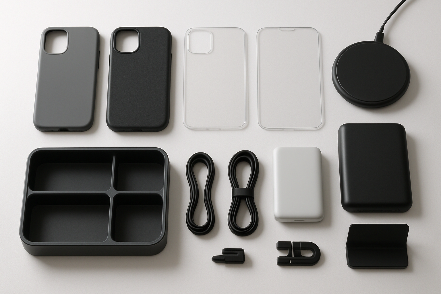 Create a realistic image of various smartphone protection and storage accessories neatly arranged on a clean white surface, including protective cases in different materials like silicone and leather, tempered glass screen protectors, a wireless charging pad, portable power banks, a smartphone storage organizer with multiple compartments, cable management solutions, and a sleek phone stand, all positioned to showcase their protective and organizational features with soft natural lighting from above creating gentle shadows, captured in a modern minimalist style. Absolutely NO text should be in the scene.