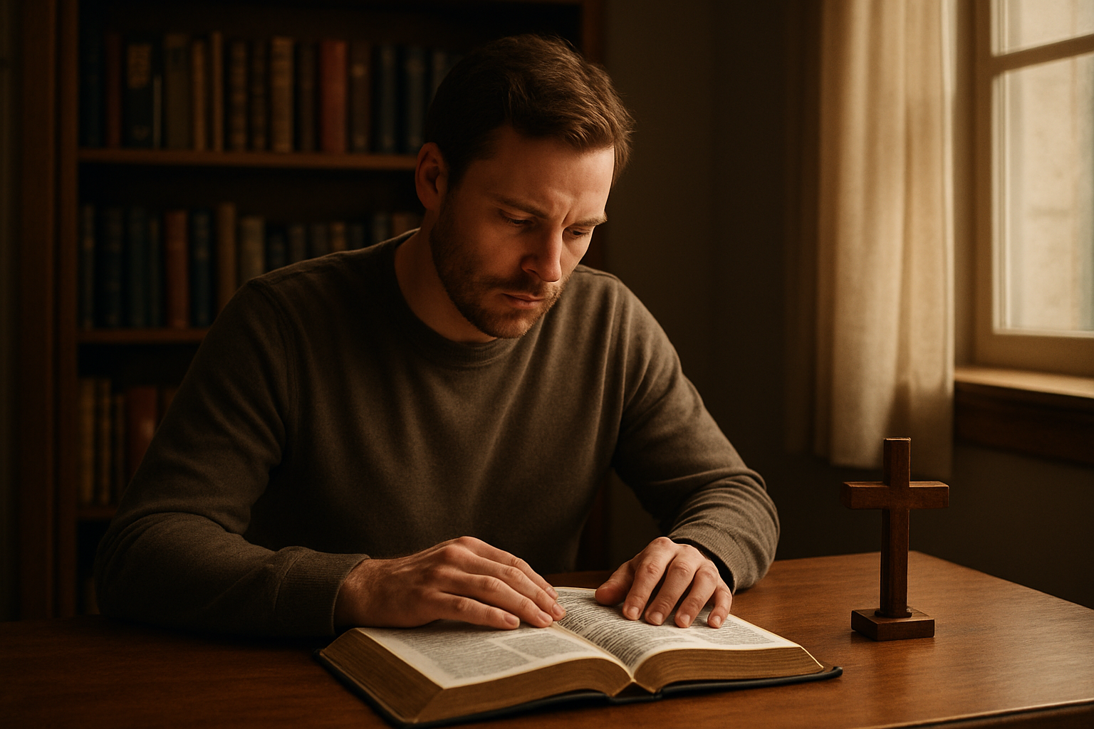 Create a realistic image of a white male father in his 30s sitting at a wooden desk in a warm, softly lit study room, reading an open Bible with focused attention, with a bookshelf filled with religious books in the background, a small wooden cross on the desk, and gentle natural light streaming through a window, creating a peaceful and contemplative atmosphere that conveys spiritual dedication and biblical study, absolutely NO text should be in the scene.