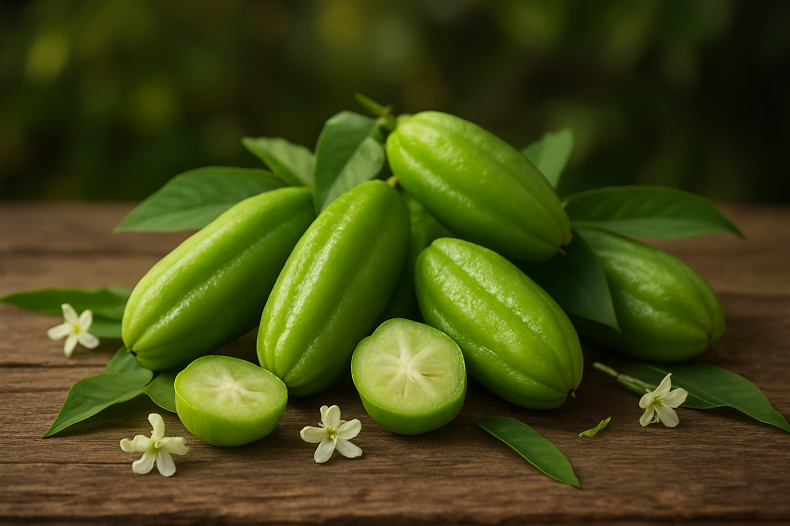 Create a realistic image of a beautiful arrangement featuring fresh bilimbi fruits as the main subject, showing whole green elongated star-shaped fruits alongside some cut cross-sections revealing their juicy interior, placed on a rustic wooden surface with soft natural lighting, complemented by green leaves and small white bilimbi flowers scattered around, creating a warm and inviting culinary atmosphere that suggests both the fruit's natural beauty and its culinary potential, with a softly blurred background of tropical foliage, absolutely NO text should be in the scene.
