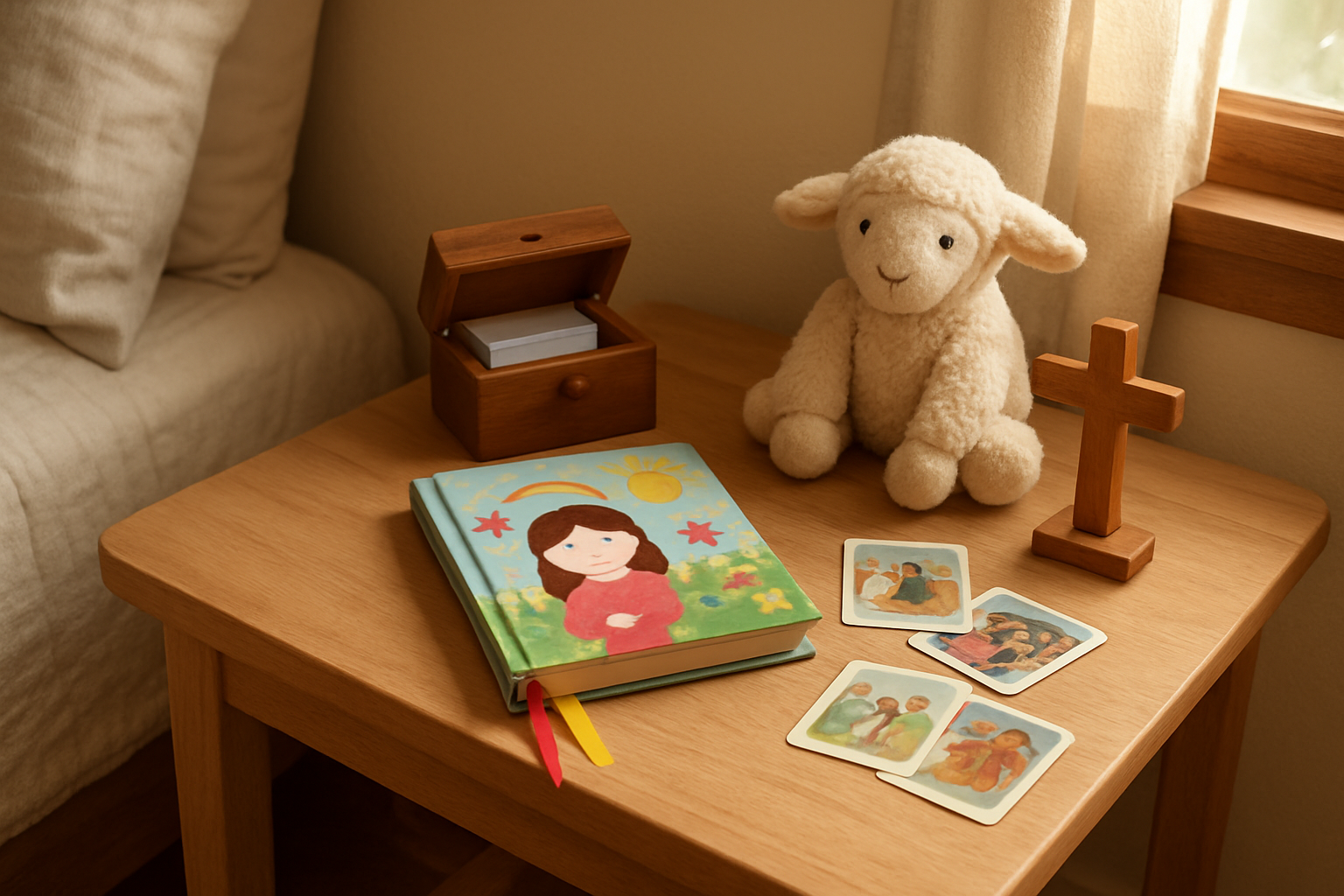 Create a realistic image of a cozy children's bedroom corner with a small wooden table displaying various interactive Christian devotional items including a colorful children's prayer journal with bookmark ribbons, a wooden prayer box with small cards, interactive Bible story cards scattered nearby, a soft plush lamb toy, and a simple wooden cross, with warm natural lighting from a nearby window creating a peaceful and inviting atmosphere, absolutely NO text should be in the scene.